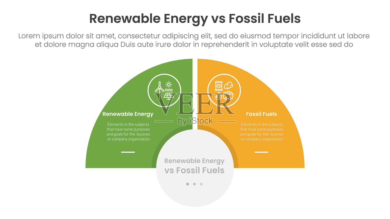 可再生能源与化石燃料比较概念的信息图模板横幅，半圆切片平衡对立，附有两点列表信息插画图片素材