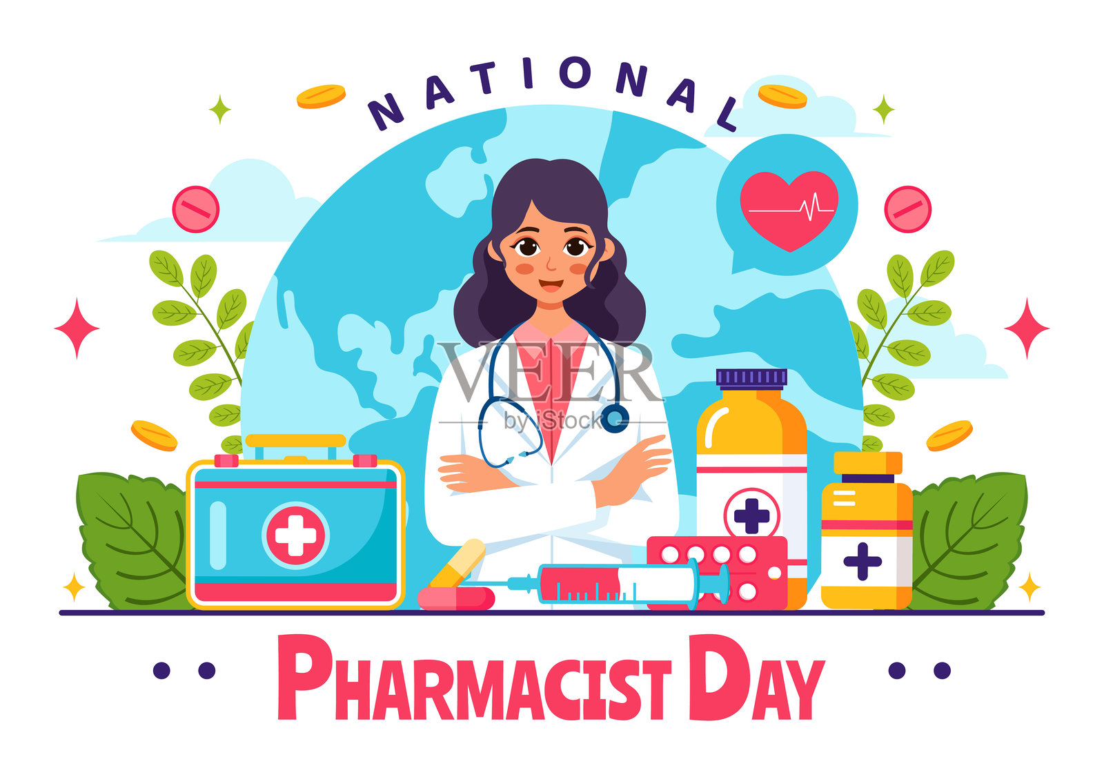 世界药剂师日矢量插图，展示了一位医生、药物和药丸，背景为医疗主题的平面风格卡通。插画图片素材