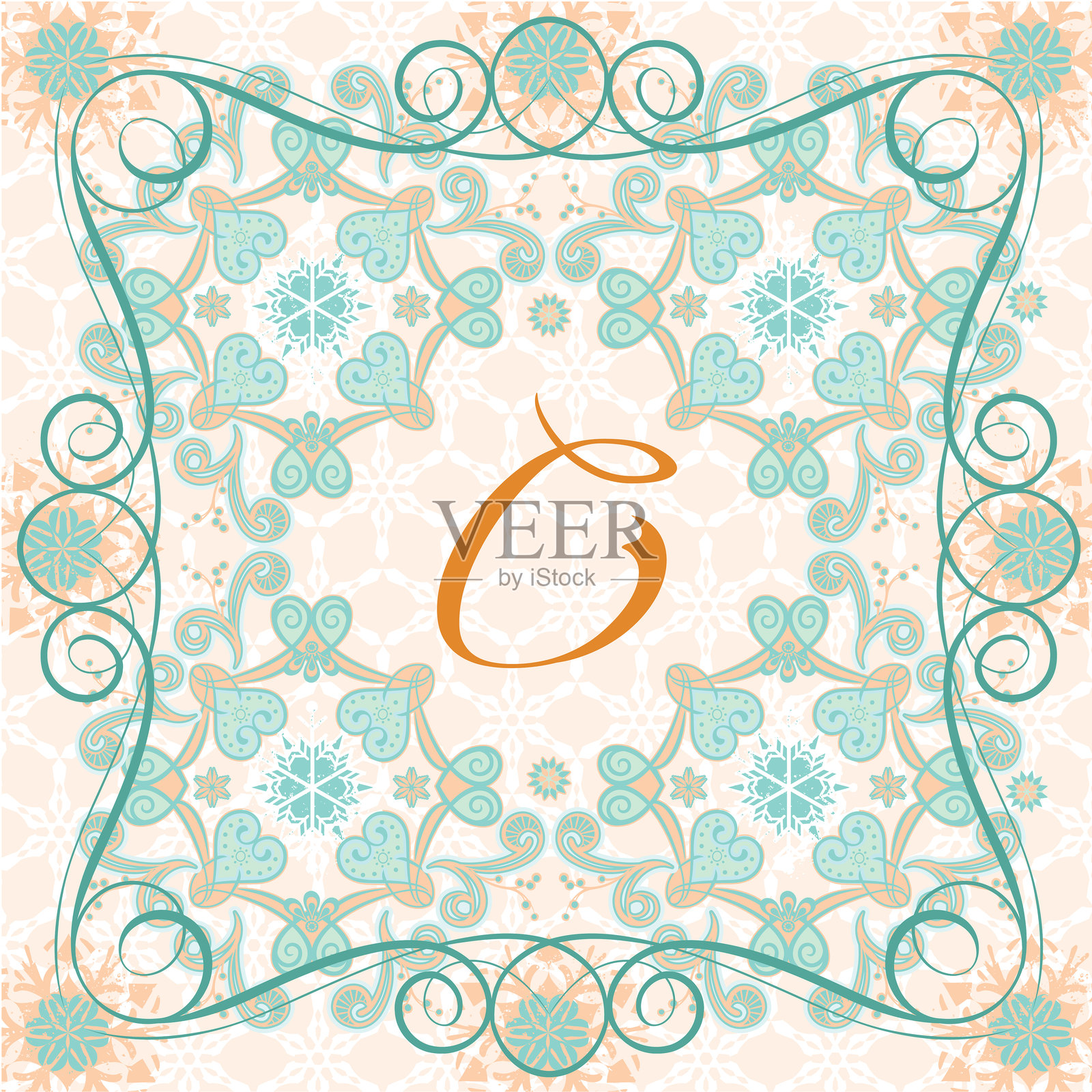 优雅的书法风格、丝带般独特设计的字母'C'单字母标志，周围环绕着节日冬季主题的花卉边框设计插画图片素材