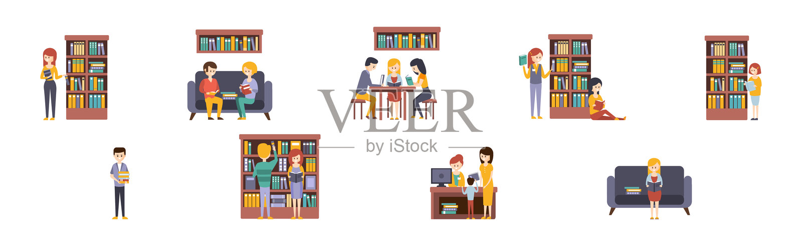 图书馆和书店中的人物角色阅读和选择书籍的矢量图集插画图片素材