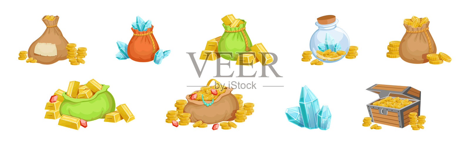 海盗宝藏与财富，包含宝石和金币的矢量图集插画图片素材
