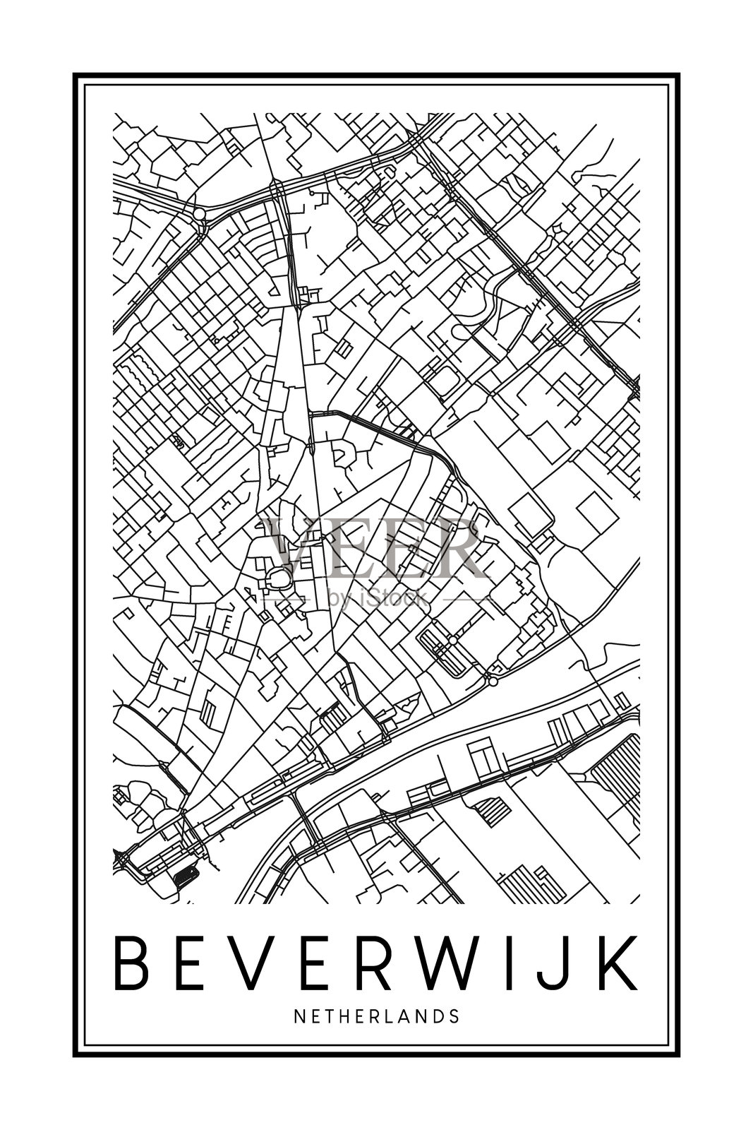 荷兰贝弗韦克镇的海报打印地图插画图片素材