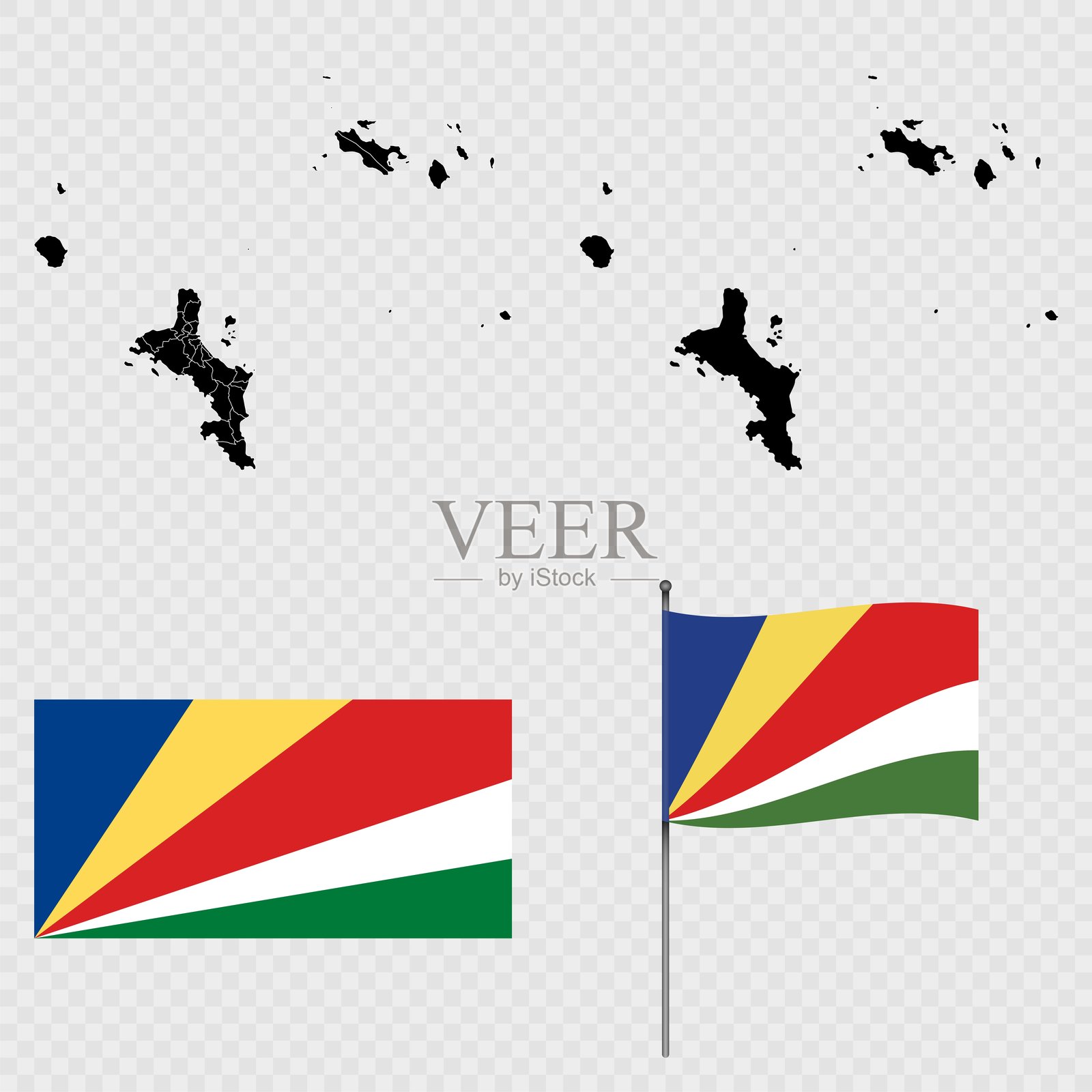 塞舌尔的地图、国旗和旗杆组合。矢量插图。插画图片素材