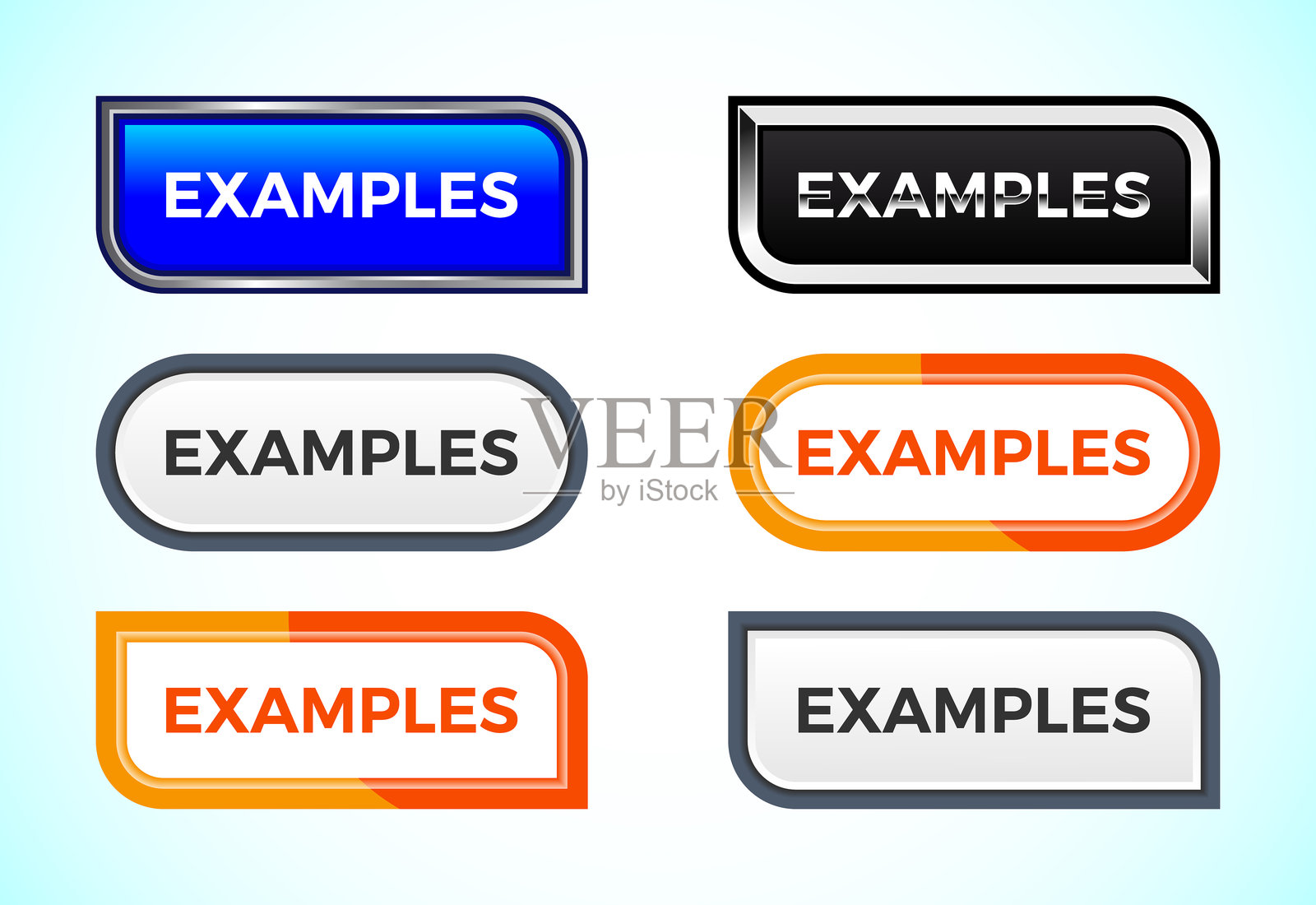 不同形状和颜色的按钮示例集。适合移动应用和网站用户界面设计。插画图片素材