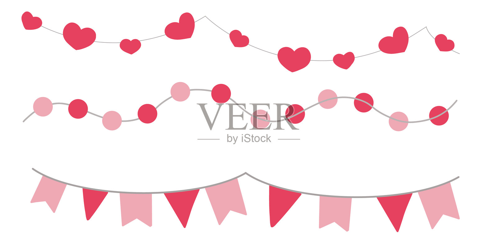 可爱的粉红色和红色的情人节花环。带有心形符号的彩旗，旗帜花环。用于贺卡、海报、横幅的全景装饰矢量设计元素。插画图片素材