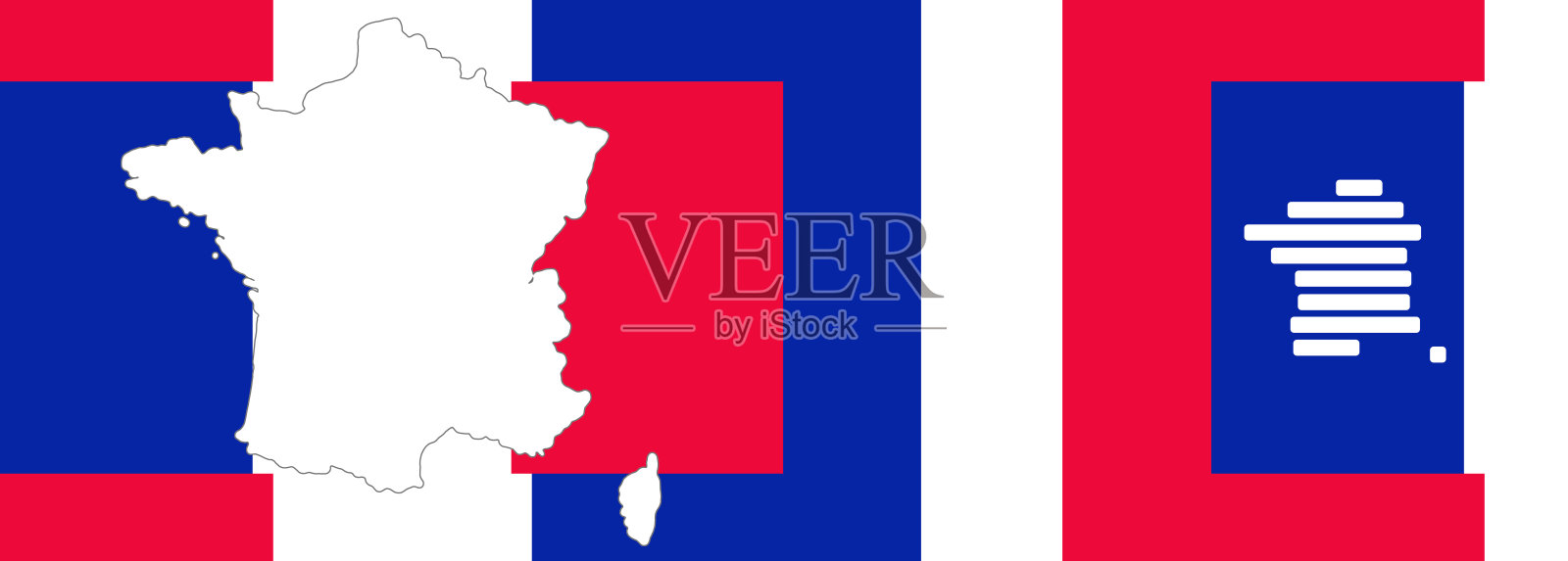 创意背景主题法国，带有圆润的简化轮廓剪影地图，使用法国国旗的鲜艳国家色彩。插画图片素材