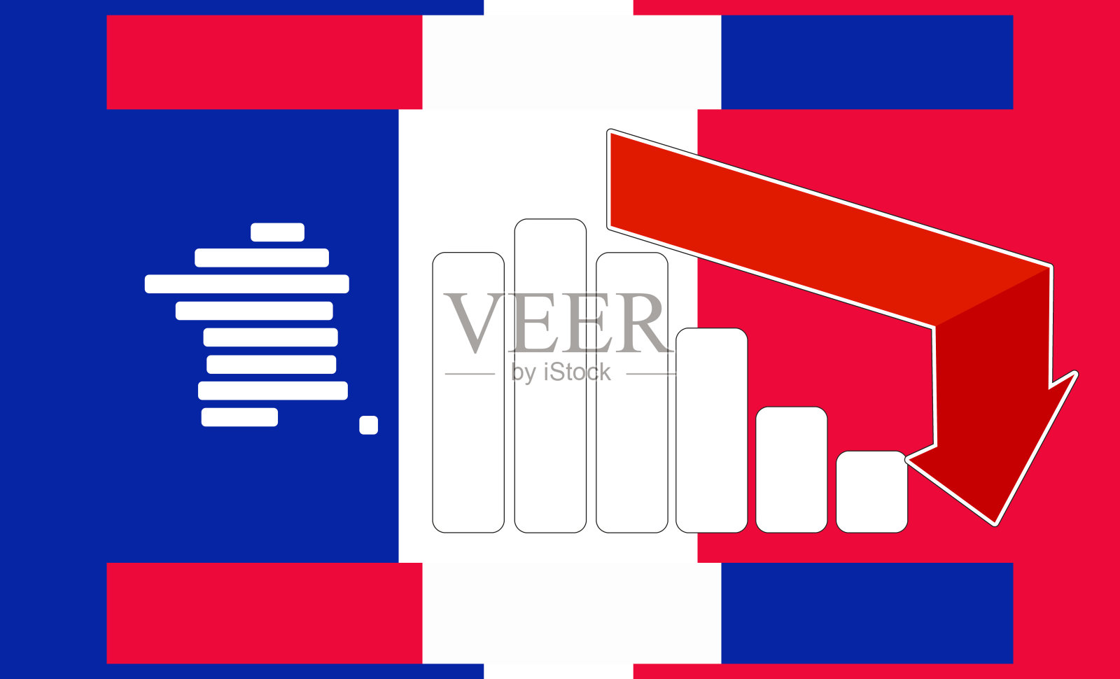 创意背景主题法国，带有圆形简化轮廓的法国地图剪影，采用法国国旗的鲜艳色彩。插画图片素材