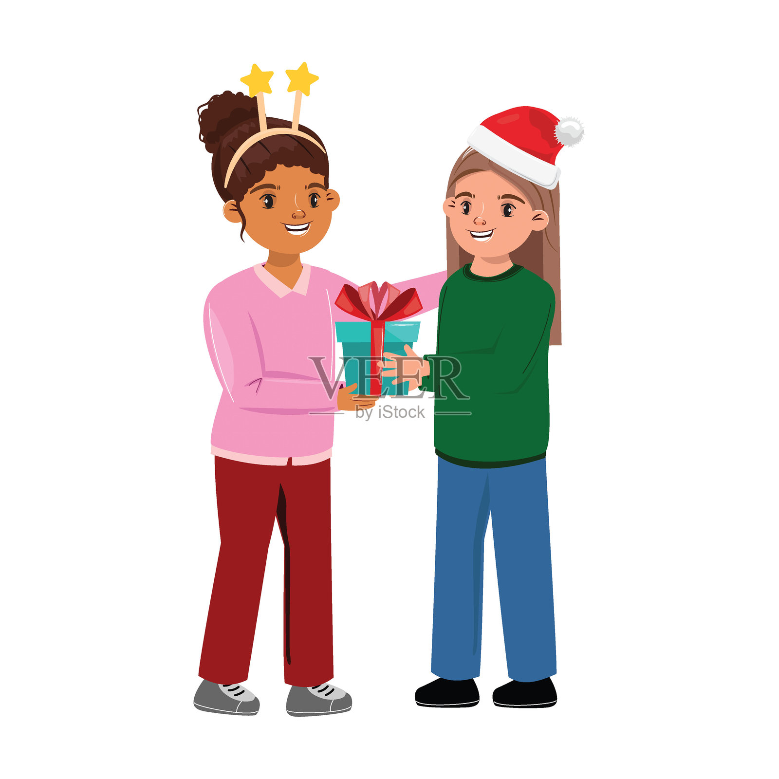 两个快乐的朋友在节日气氛中互赠礼物，面带欢快的笑容。插画图片素材