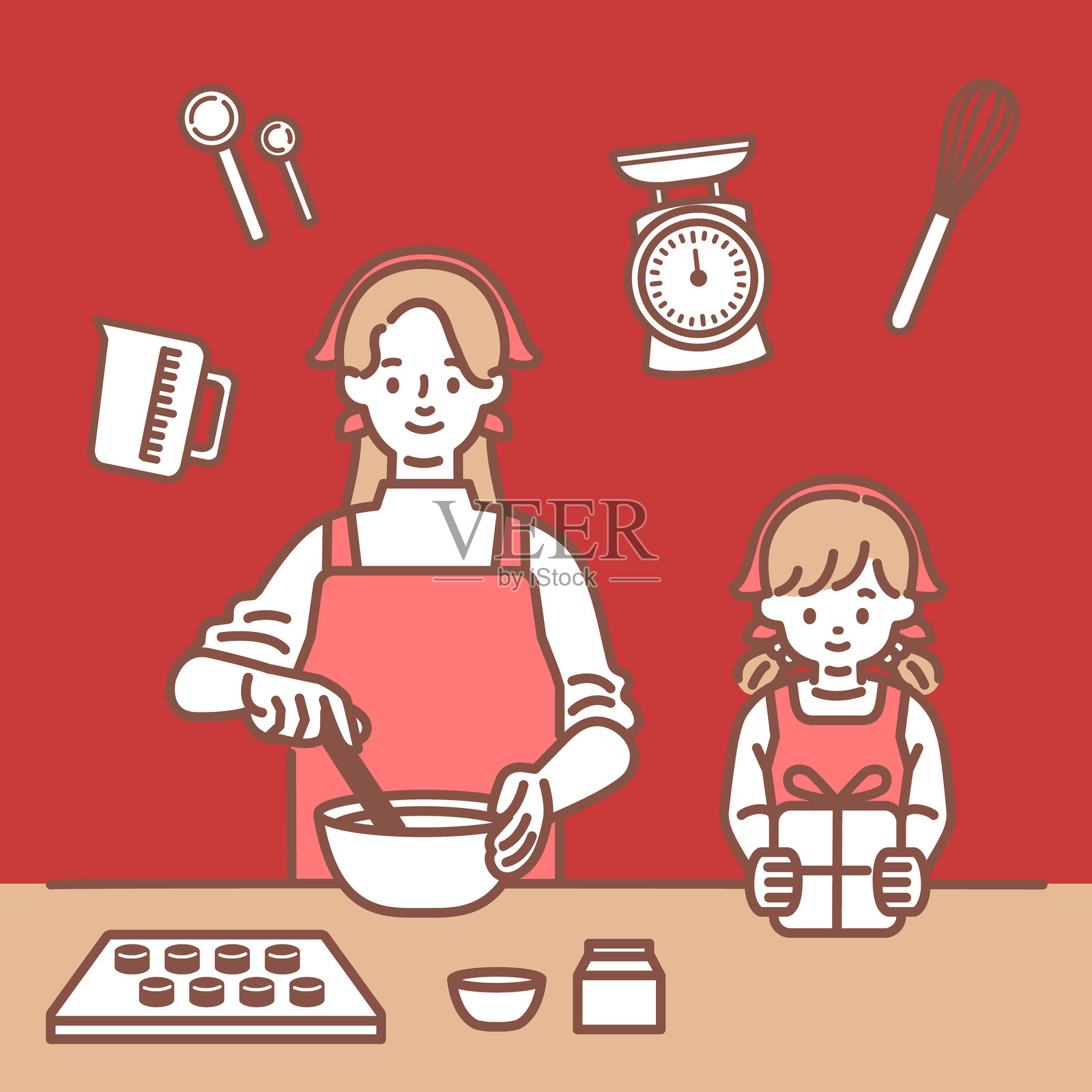 父母与孩子一起制作甜点的插图插画图片素材