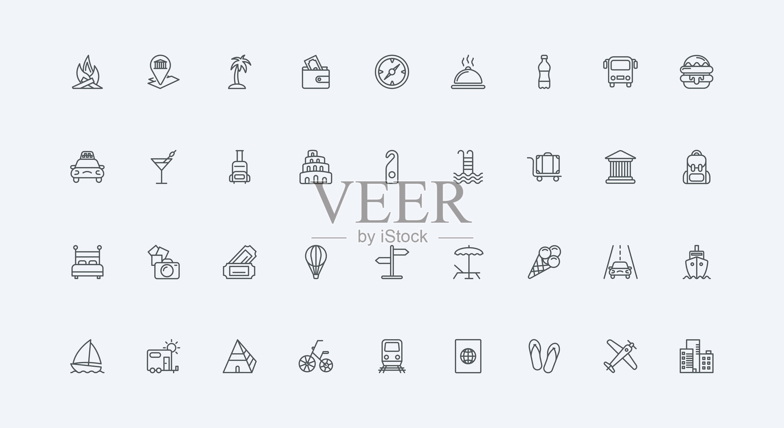 夏季休闲活动，露营娱乐，旅行路线图标集插画图片素材