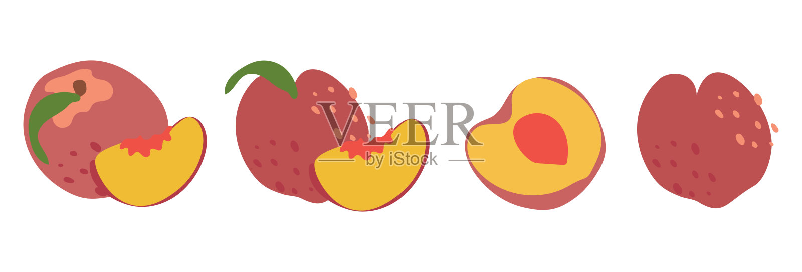 一组扁平风格的桃子切片。新鲜、多汁、美味的水果。插画图片素材