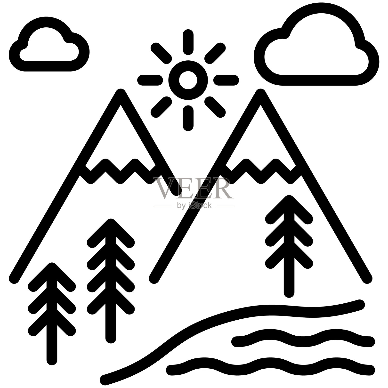 山脉与森林、太阳、云朵和水体的轮廓线图标。旅行线性风格图标。冒险符号，标志插图。可编辑的线条。插画图片素材