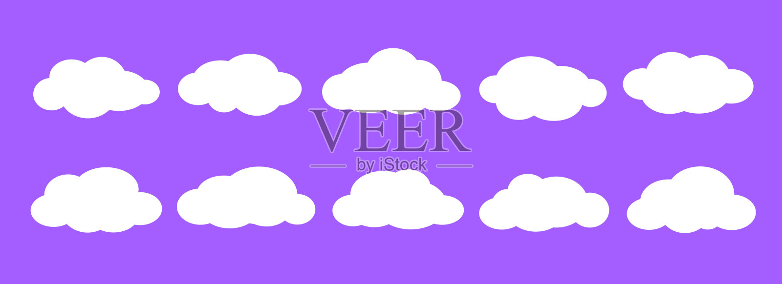 紫色背景上的空白漫画云朵。卡通云形状集，可用于图标、海报、横幅、标签、徽章、标记、logo和装饰。白色空白对话气泡集合。文本框云朵组合。矢量图。插画图片素材