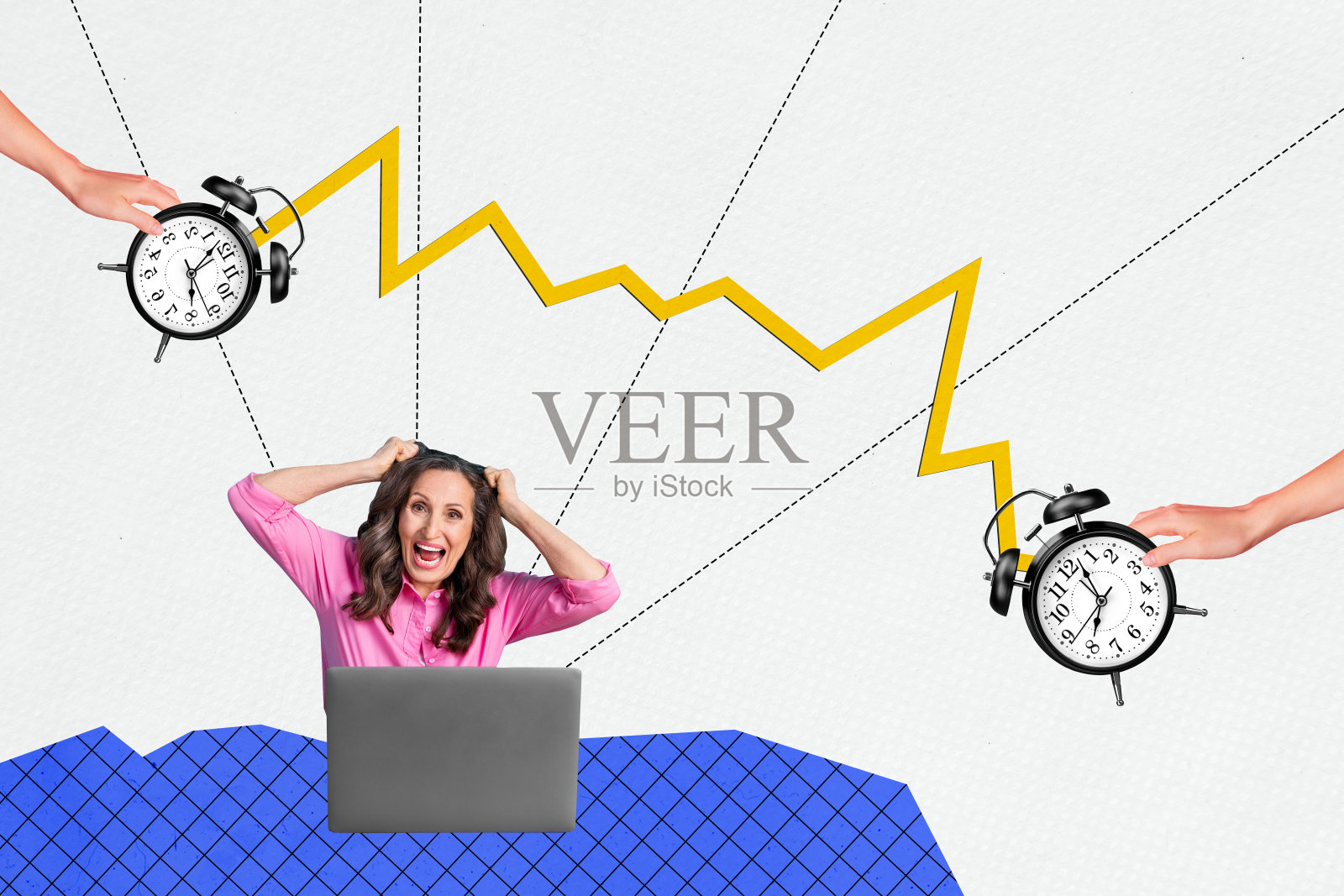 办公室经理远程工作3D草图的拼贴艺术作品，包含一位年长女性的惊讶表情、尖叫、时钟和截止日期。照片摄影图片