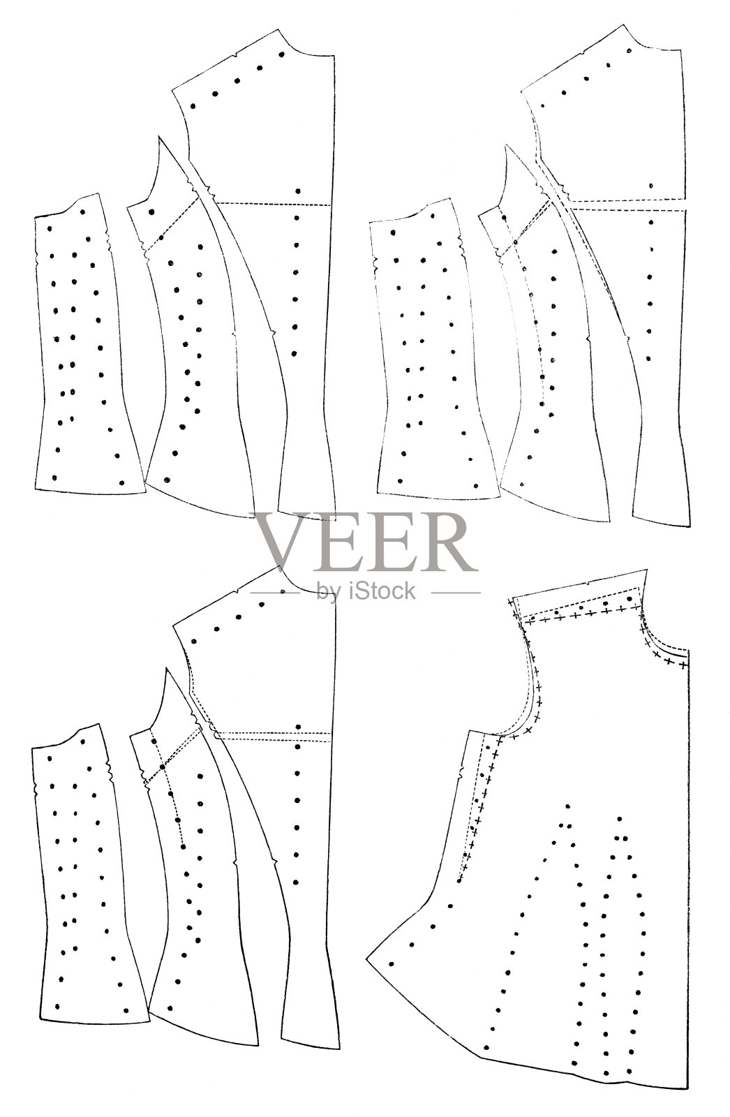 维多利亚时代时尚，带有各种修改标记的缝纫图案 - 19世纪插画图片素材