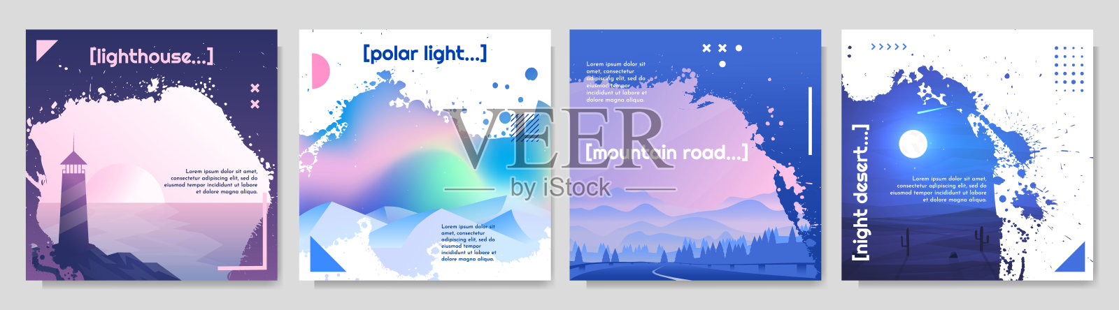 矢量插图集。海边灯塔的自然风景，极光，山路，夜间沙漠。墨水飞溅叠加效果。渐变未来主义设计模板的方形网页横幅。插画图片素材