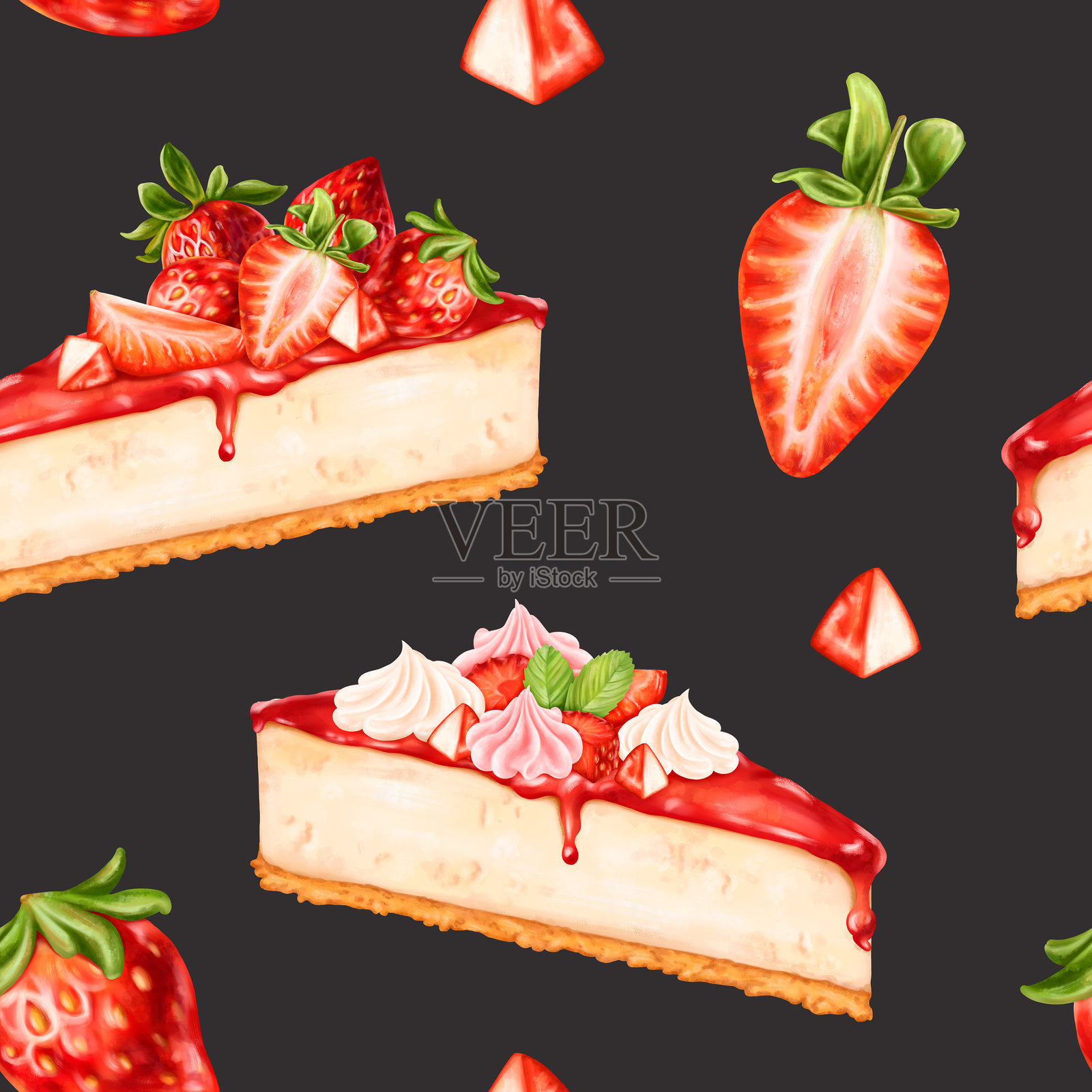 无缝图案，包含用多汁草莓片装饰的浆果芝士蛋糕。糖果、蛋糕、奶油杯蛋糕与奶油。手绘插图。节日装饰，生日祝福。插画图片素材