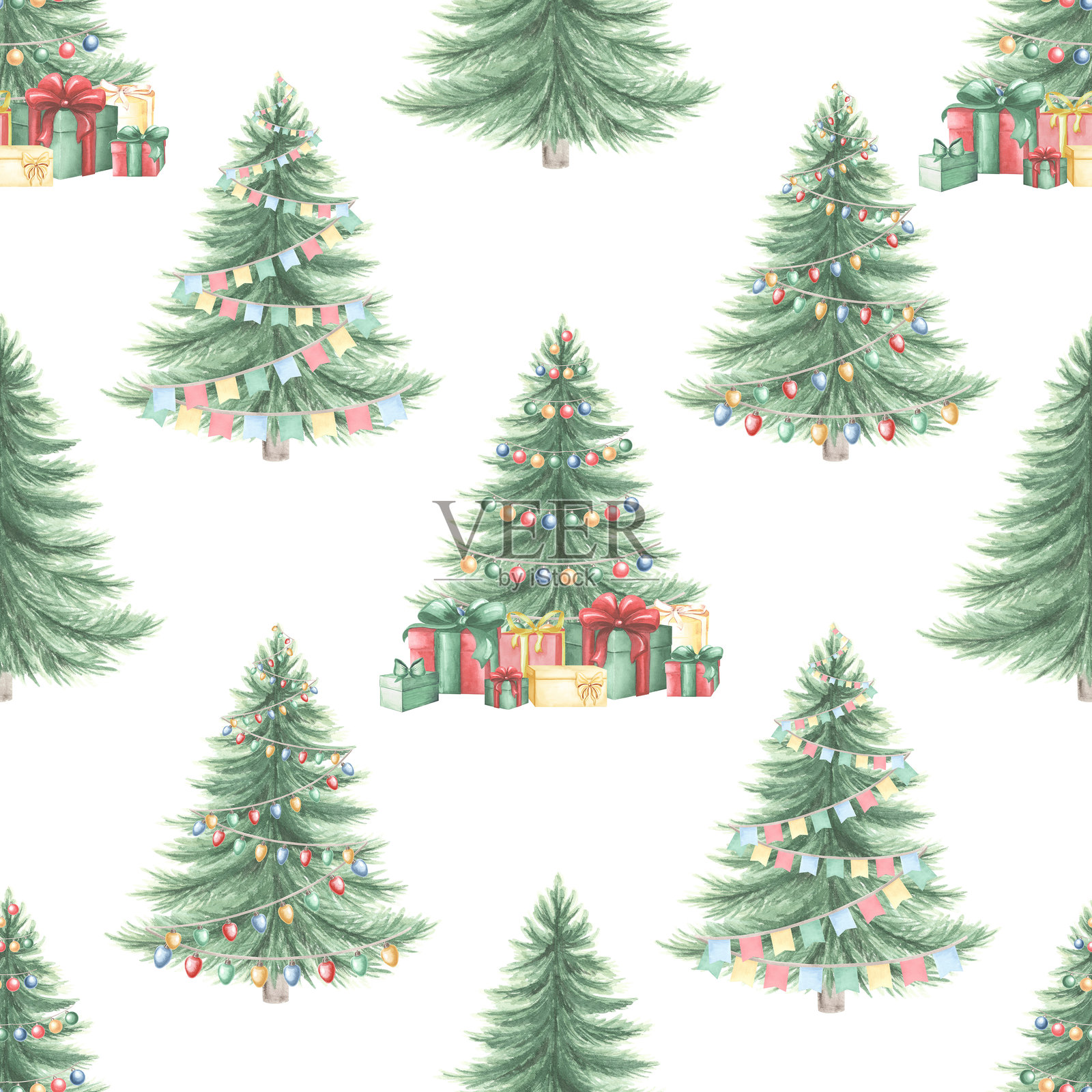 圣诞树上挂满了灯饰、花环和五彩缤纷的礼物盒。无缝图案。手绘水彩插图。节日无尽装饰。冬季假日壁纸、包装和面料模板。插画图片素材