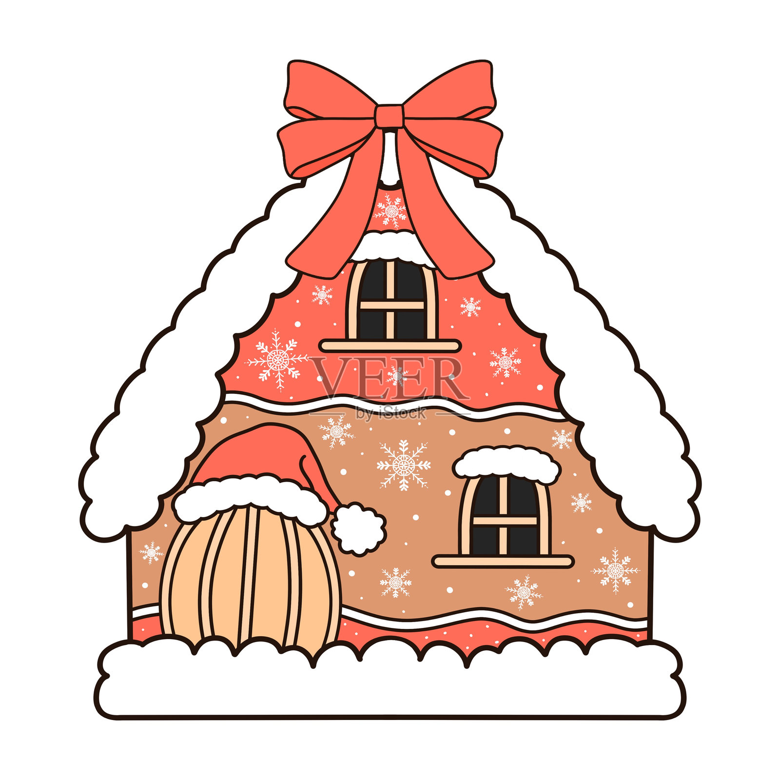 复古风格的圣诞姜饼屋饼干，配有红色的可爱蝴蝶结插图插画图片素材