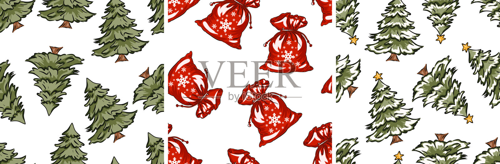 手绘的新年图案，圣诞印刷品，节日色彩的树木和礼品袋，用于节日装饰插画图片素材