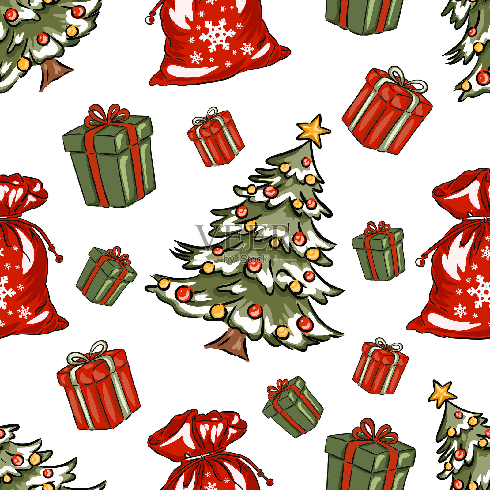 手绘圣诞图案，包含圣诞树、礼物和节日袋，无缝矢量背景插画图片素材