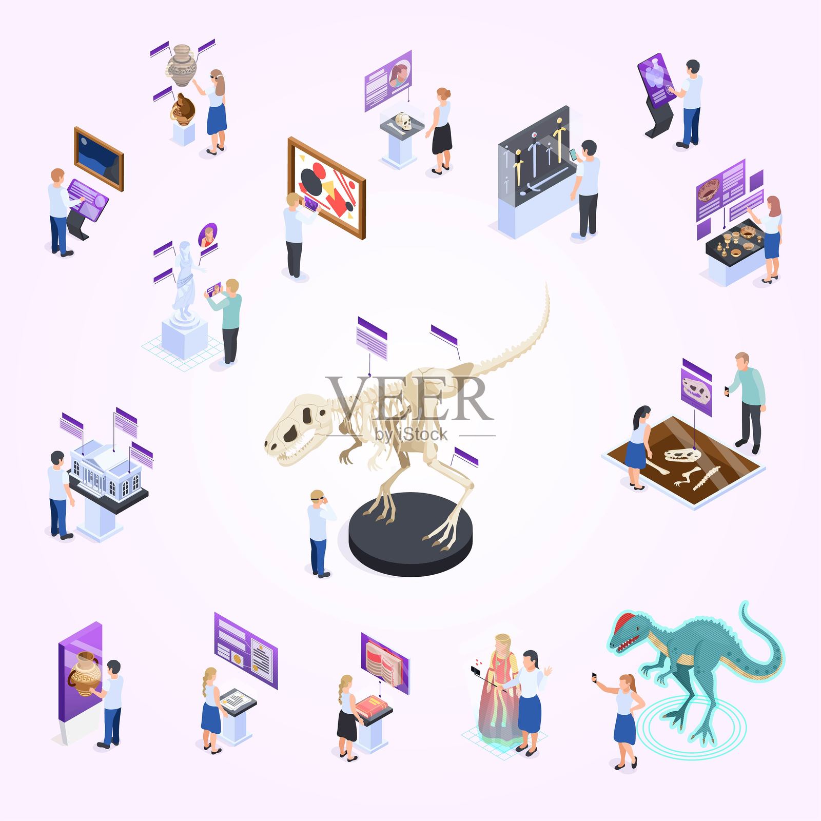 现代博物馆展览互动数字内容等距图标集，包含恐龙骨架虚拟现实图像矢量插图插画图片素材