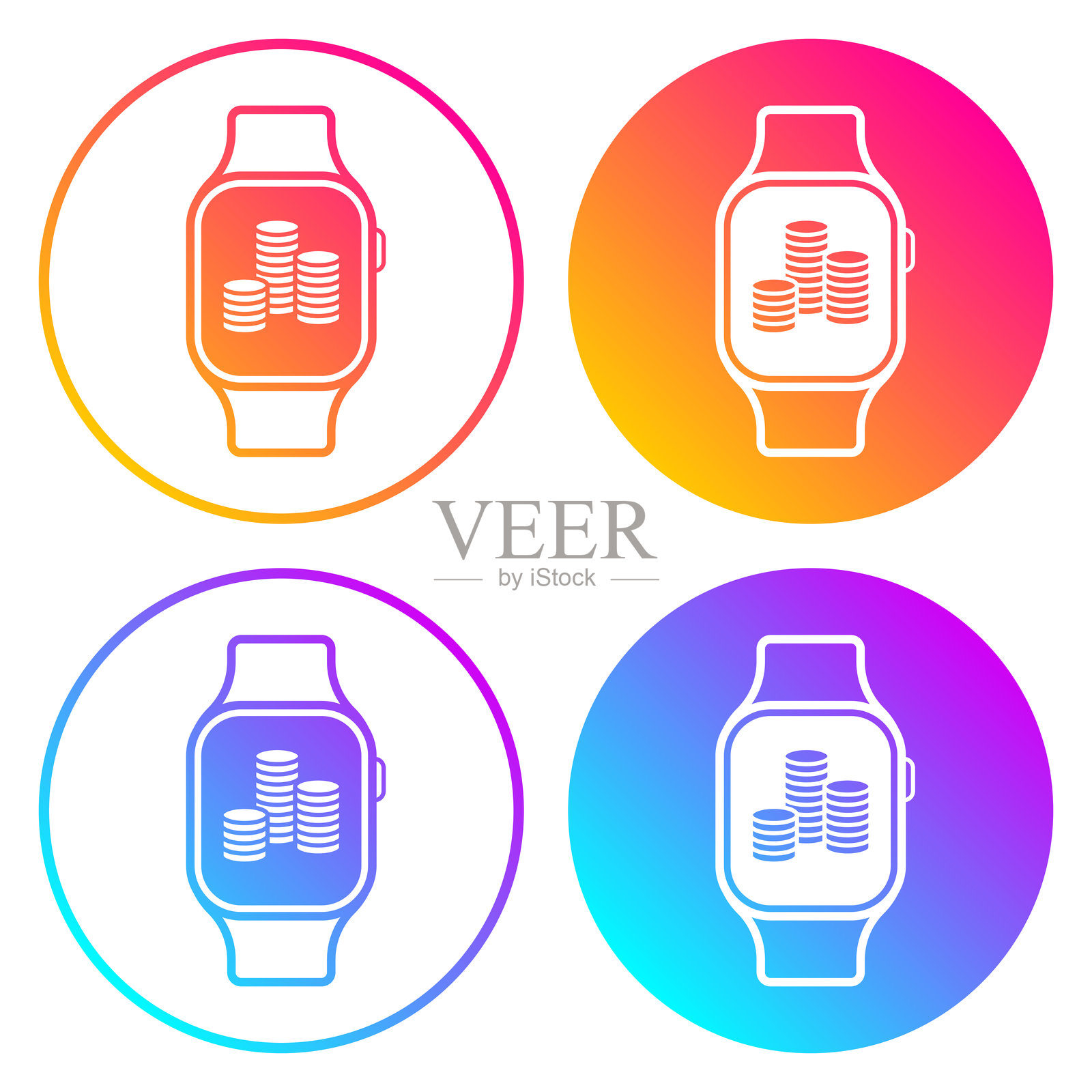 智能手表与一堆硬币。带有颜色渐变的圆形图标插画图片素材