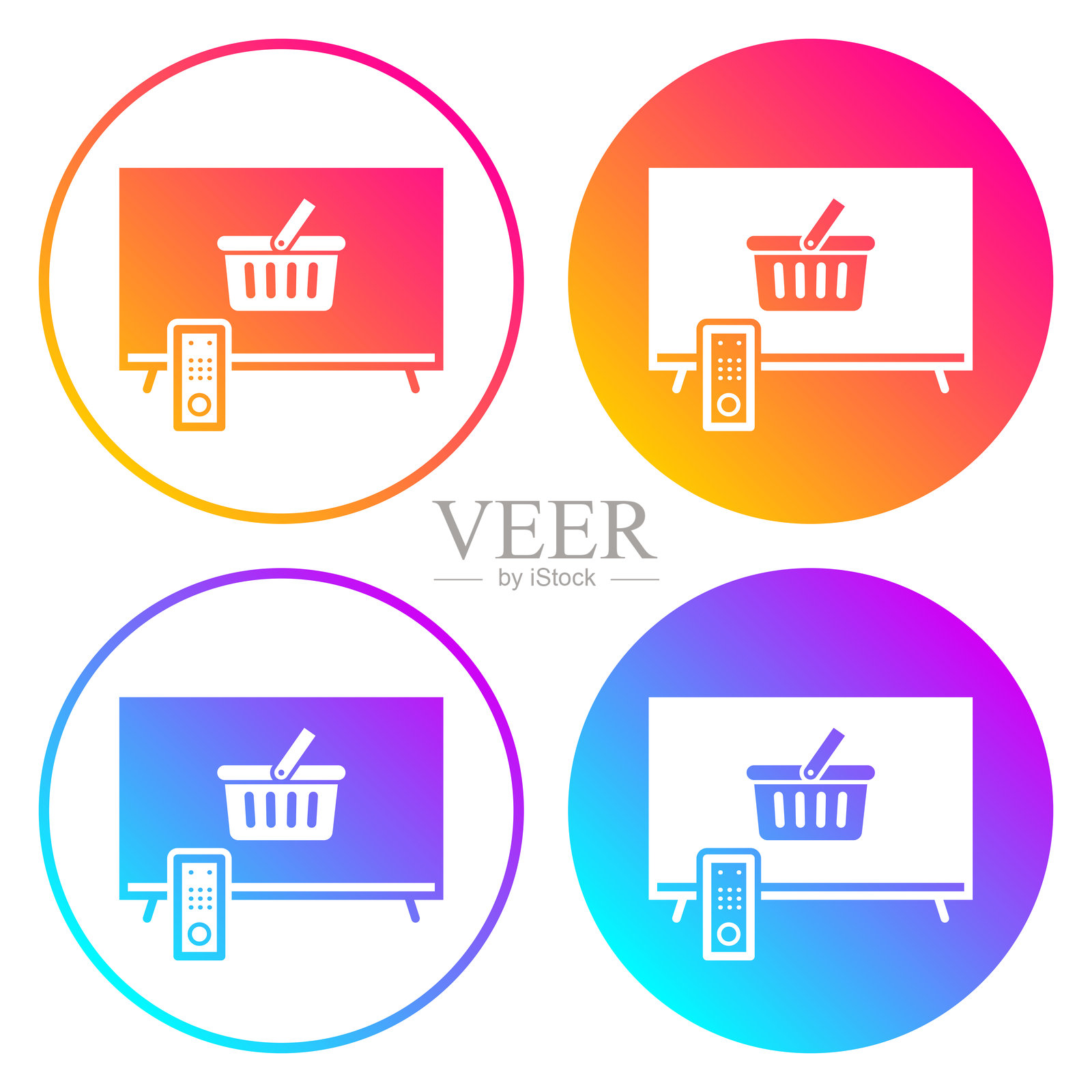 带购物篮的电视。带有颜色渐变的圆形图标插画图片素材
