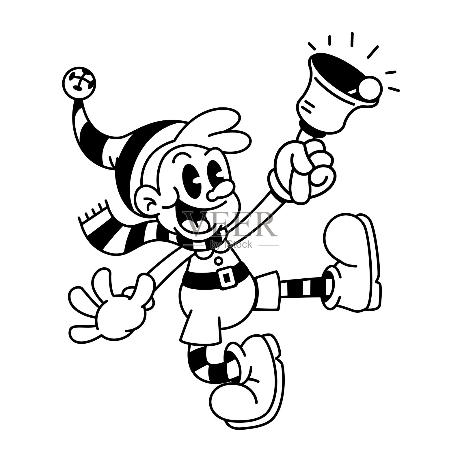 复古卡通精灵敲响圣诞铃铛的角色，独特插图，孤立展示插画图片素材