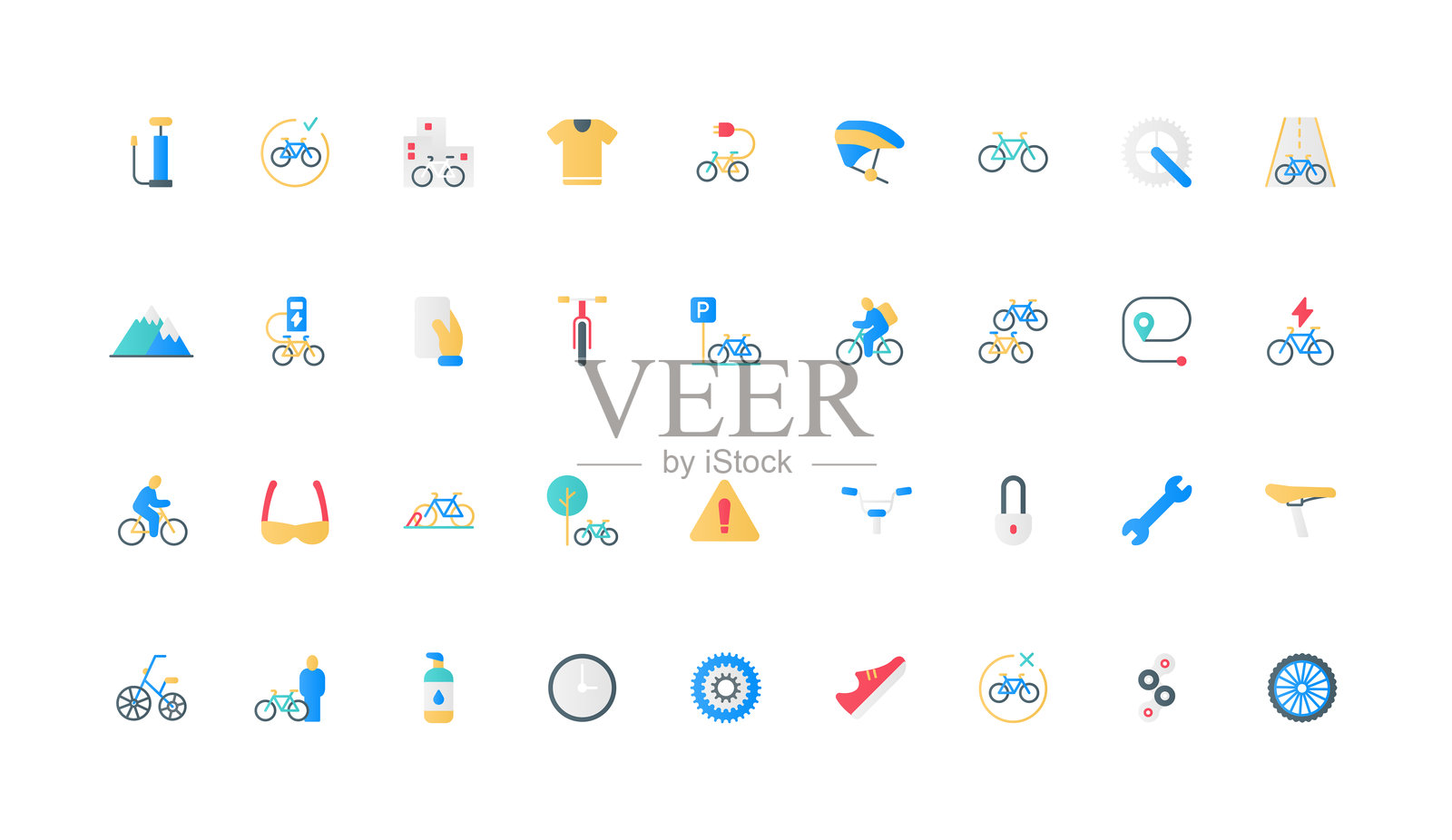 城市骑行和山地旅行的自行车及配件，骑行装备彩色图标集插画图片素材