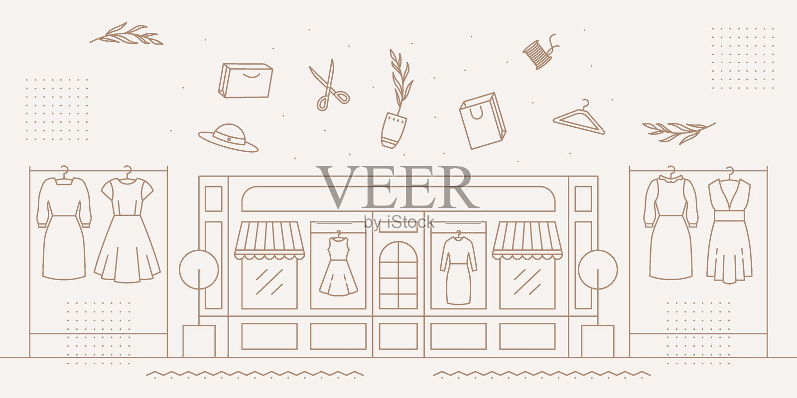 购物中心精品店极简线条艺术模板矢量插图设计。时尚精品店背景有衣服挂钩和时尚配饰的女性插图概念。插画图片素材