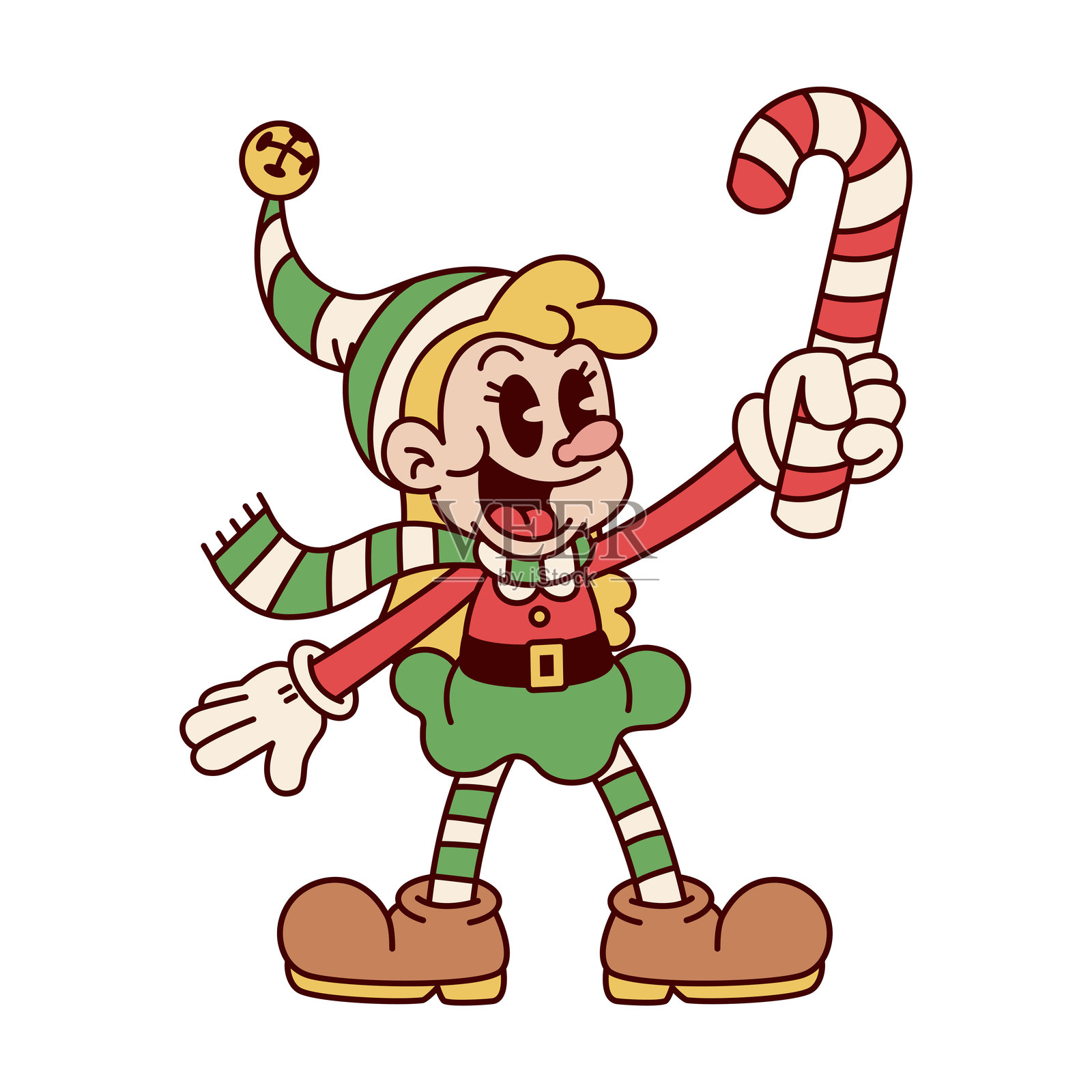 复古卡通圣诞精灵女孩手持糖果杖角色，风格独特的插图，孤立展示插画图片素材