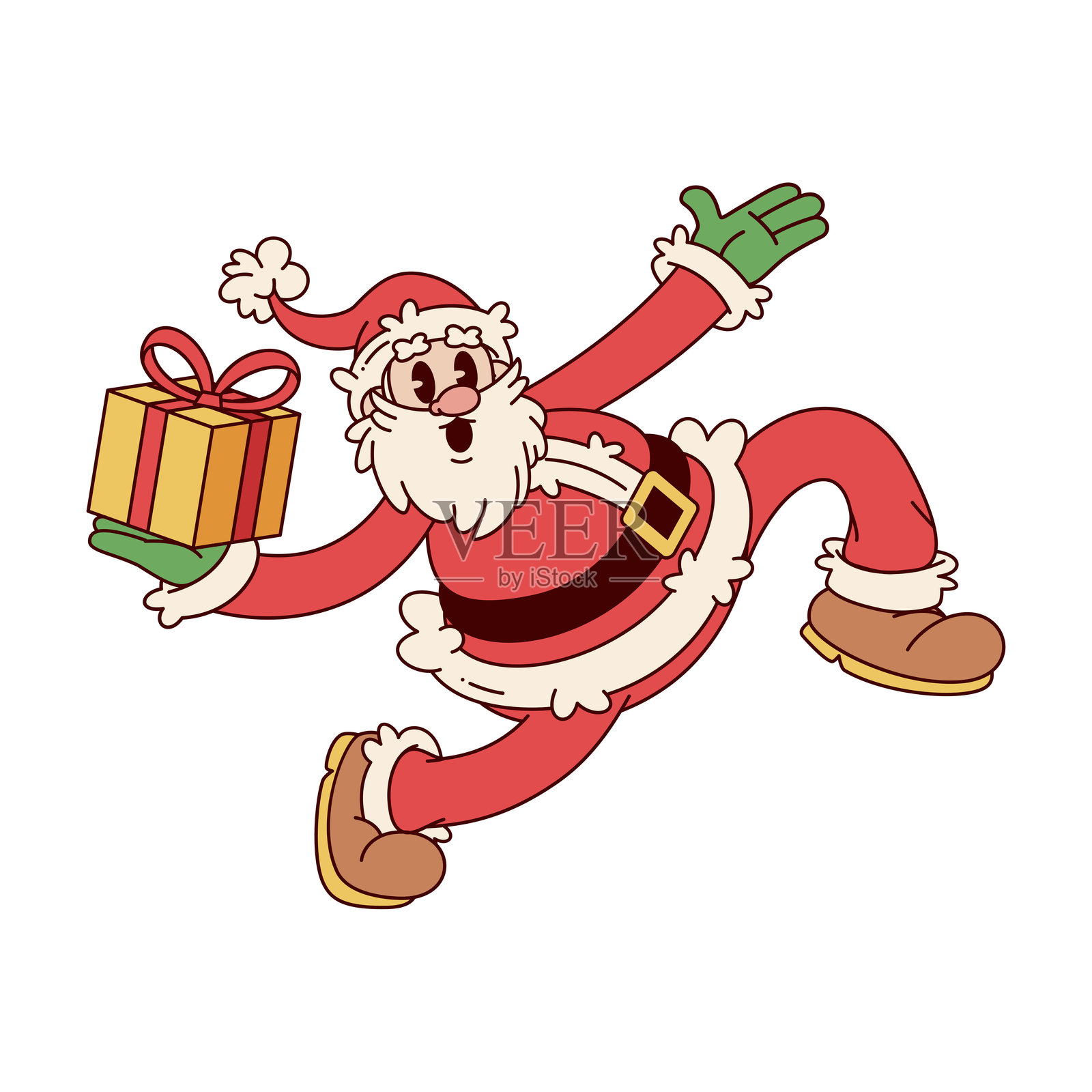 复古卡通圣诞老人礼盒角色的炫酷插图，孤立展示插画图片素材