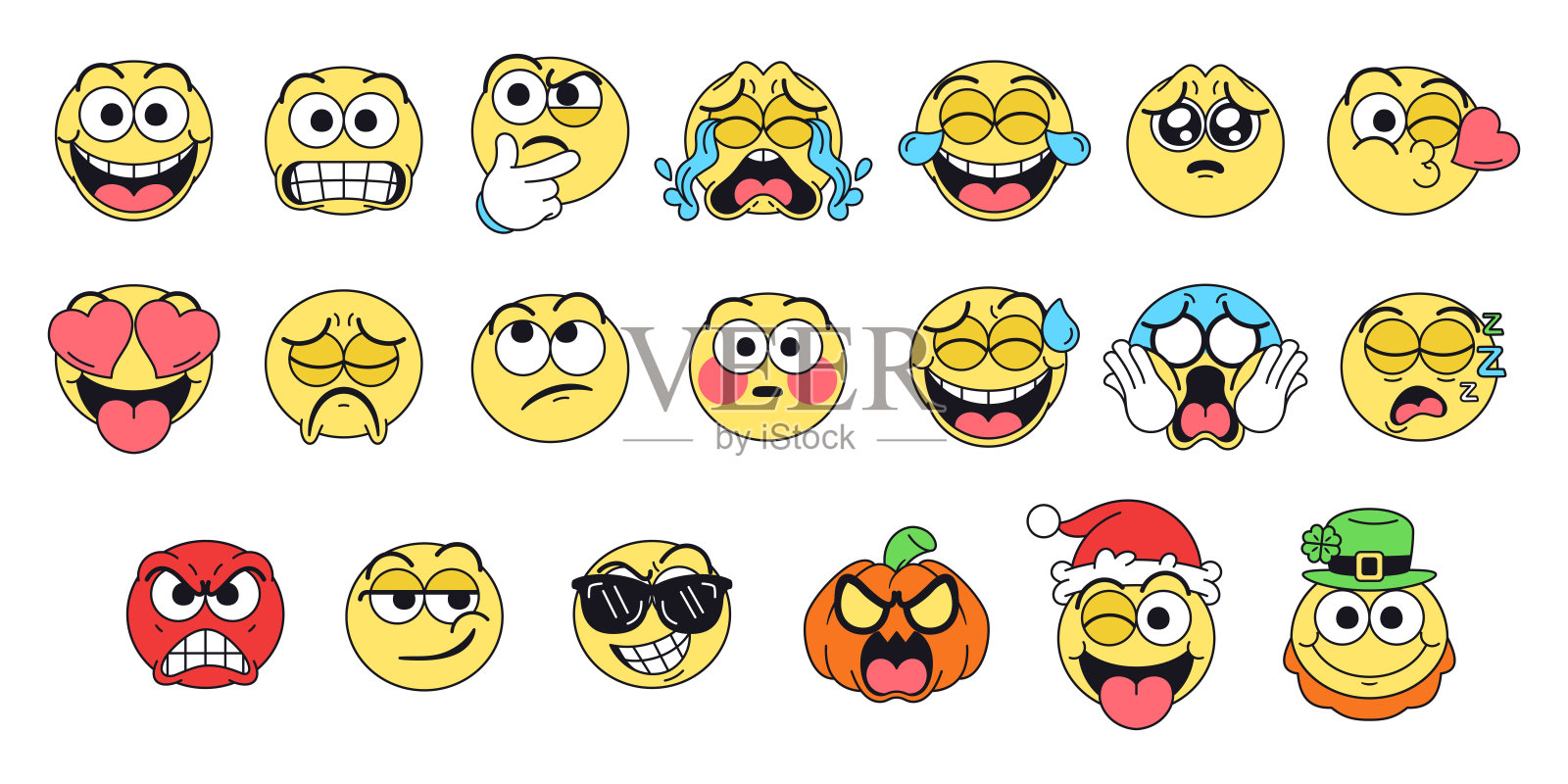 矢量表情符号或卡通风格的炫酷表情集插图，独立展示插画图片素材