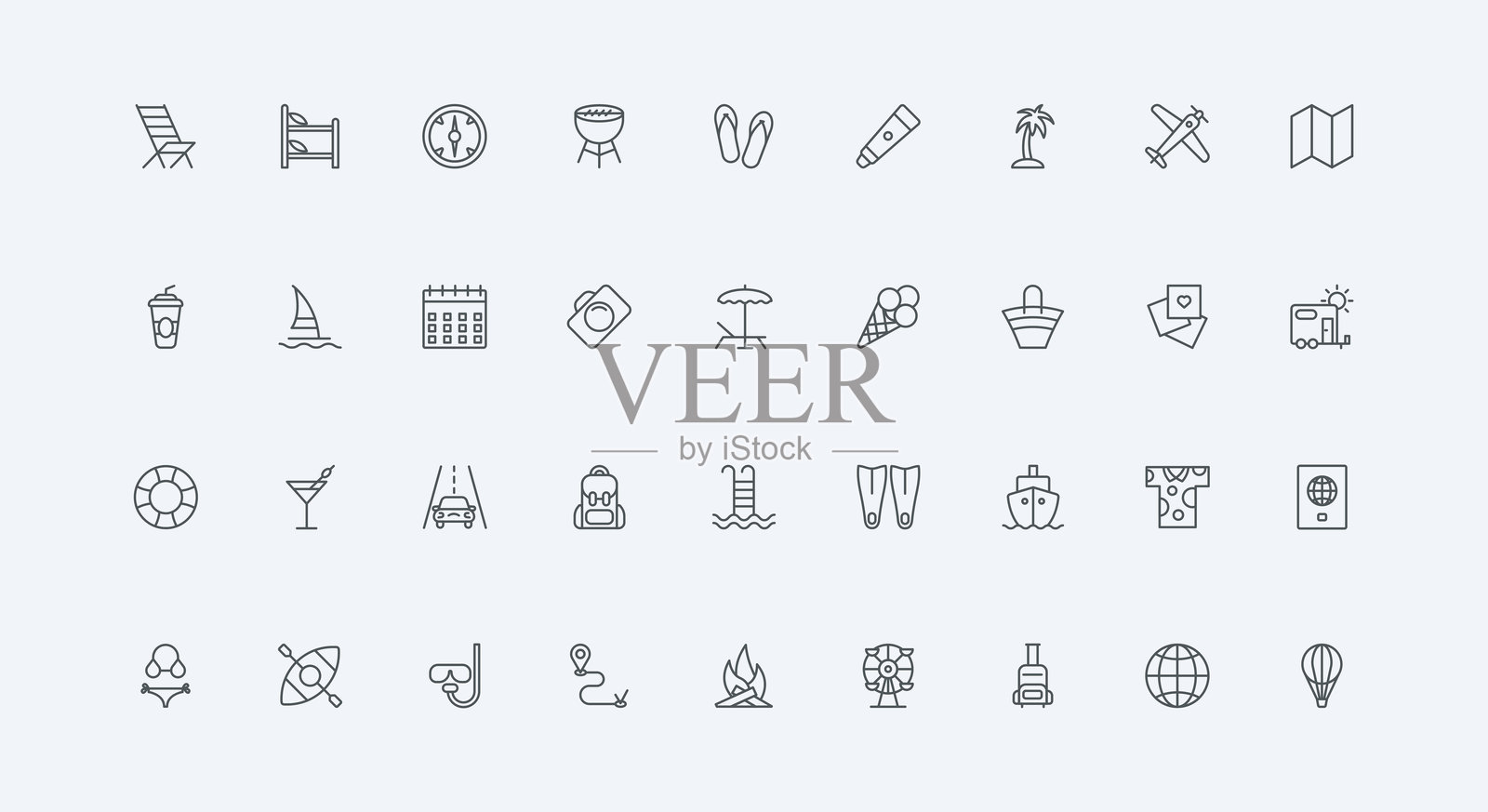 夏季海滩度假和假期，全球旅行的飞机、汽车、船只线条图标集插画图片素材