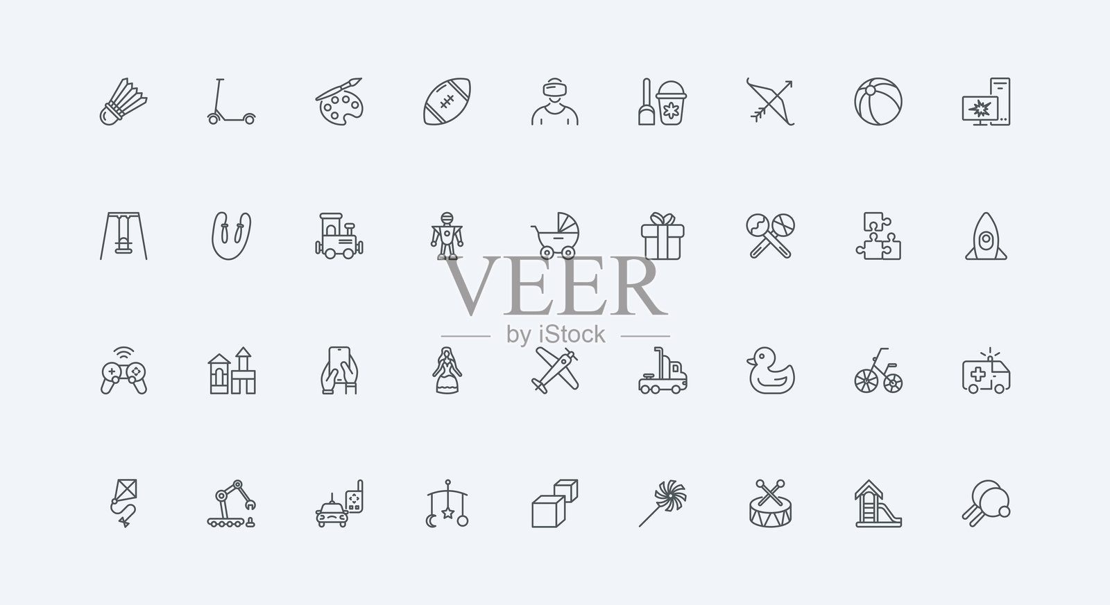 婴儿发展玩具、儿童和青少年游戏及运动活动线条图标集插画图片素材