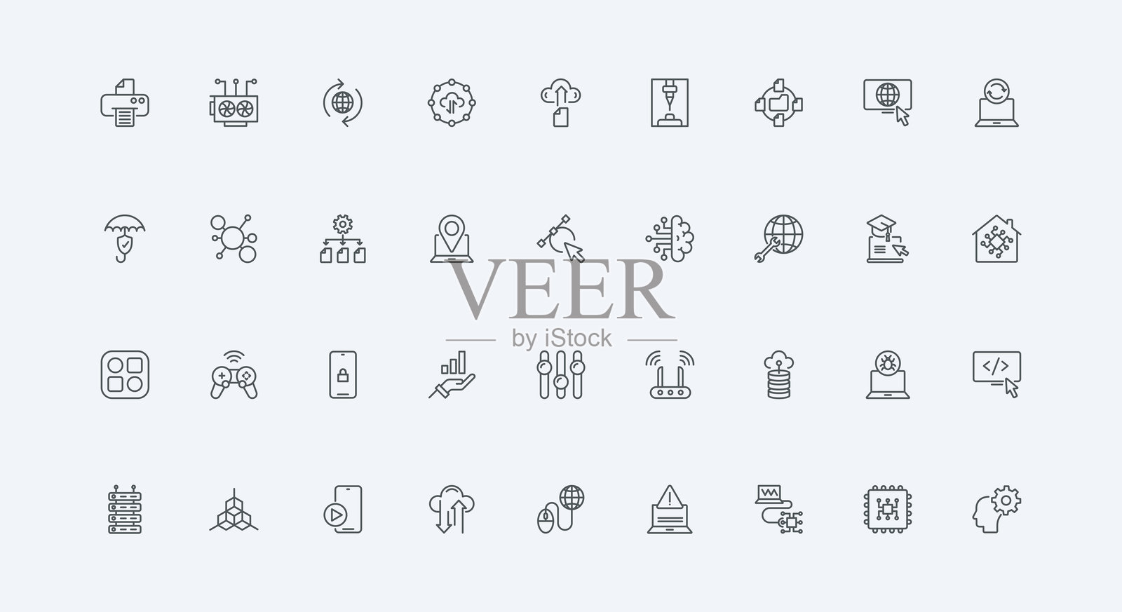 信息技术、数据存储和网络基础设施的人工智能线条图标集插画图片素材