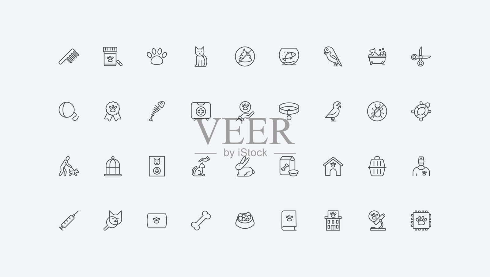 兽医、兽医商店、宠物护理配件和用品、食品线图标集插画图片素材