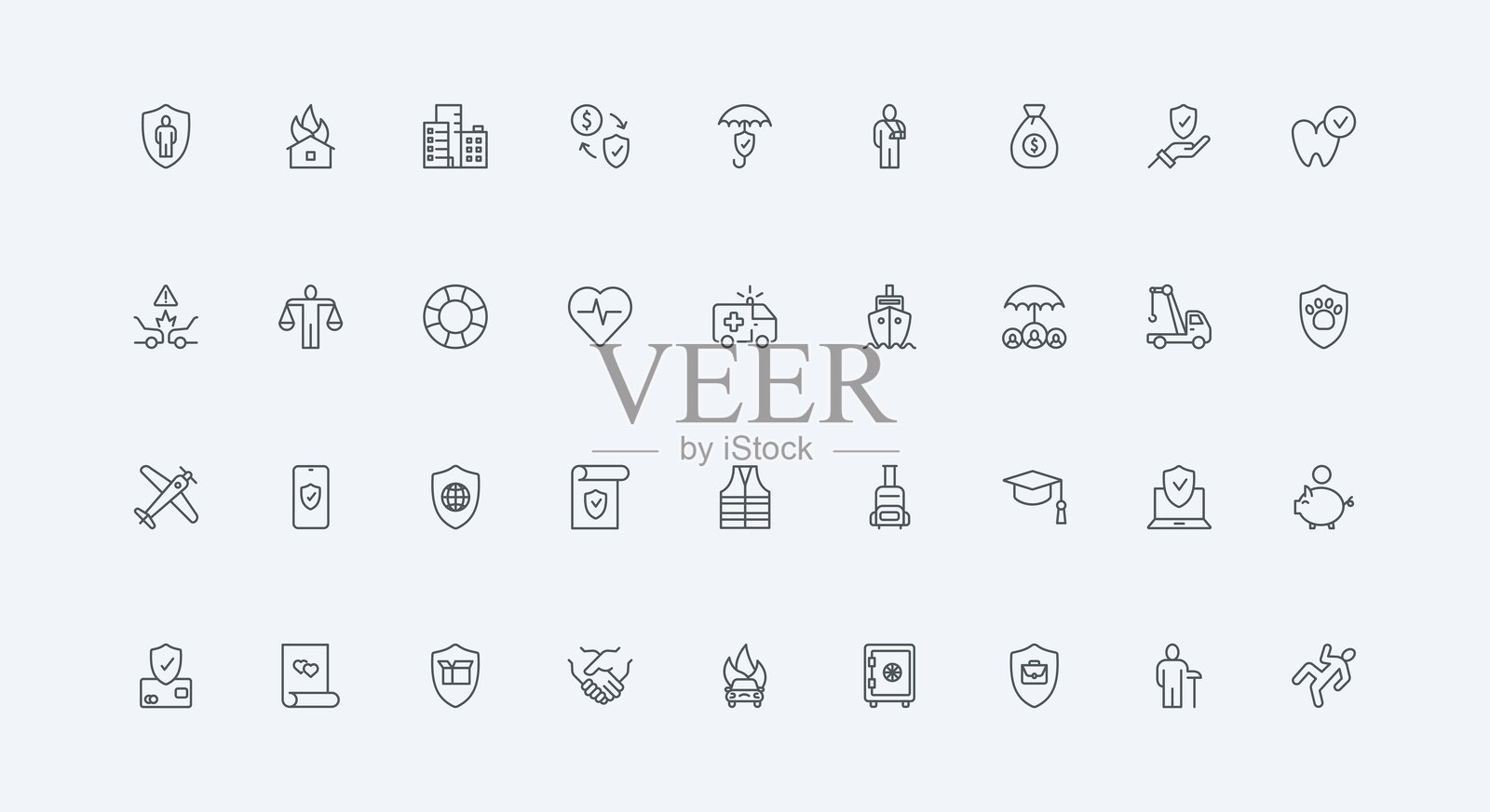 保险、事故保障和自然灾害损失索赔文件线条图标集插画图片素材