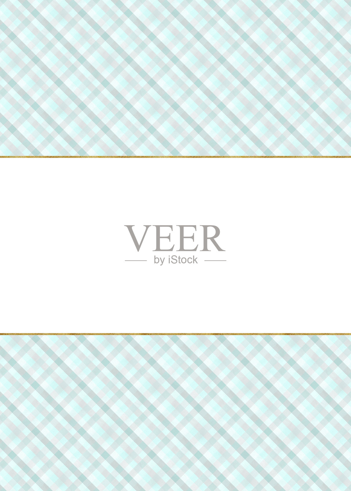 现成的明信片，蓝色格子图案，横向金色边框。邀请函，宣传单布局，贺卡。手绘水彩插图插画图片素材