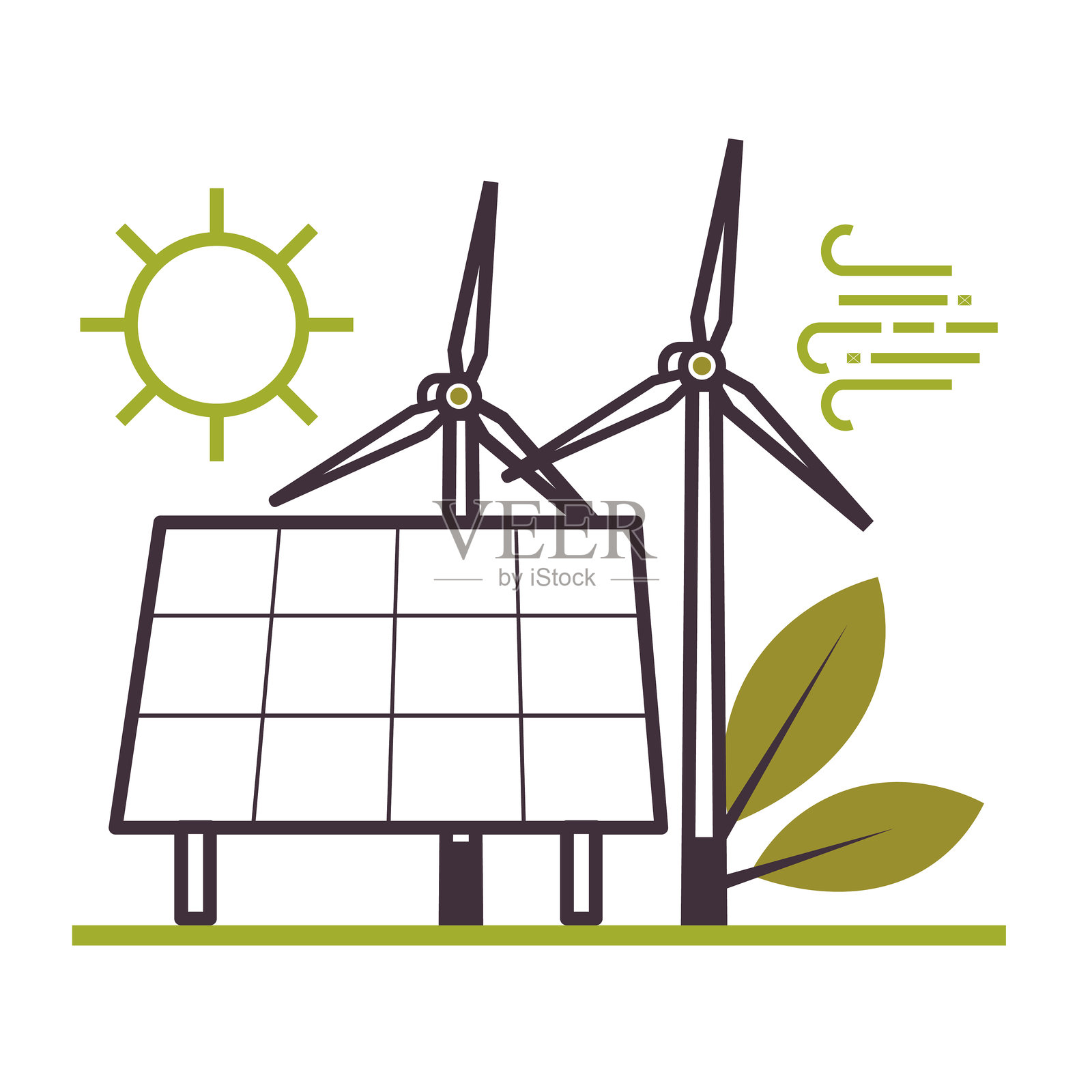太阳能和风能发电厂。插画图片素材