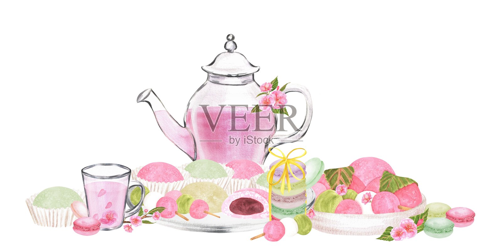 玻璃茶壶和杯子、麻糬、团子、马卡龙甜点的组合。樱花插图。手绘水彩。插画图片素材
