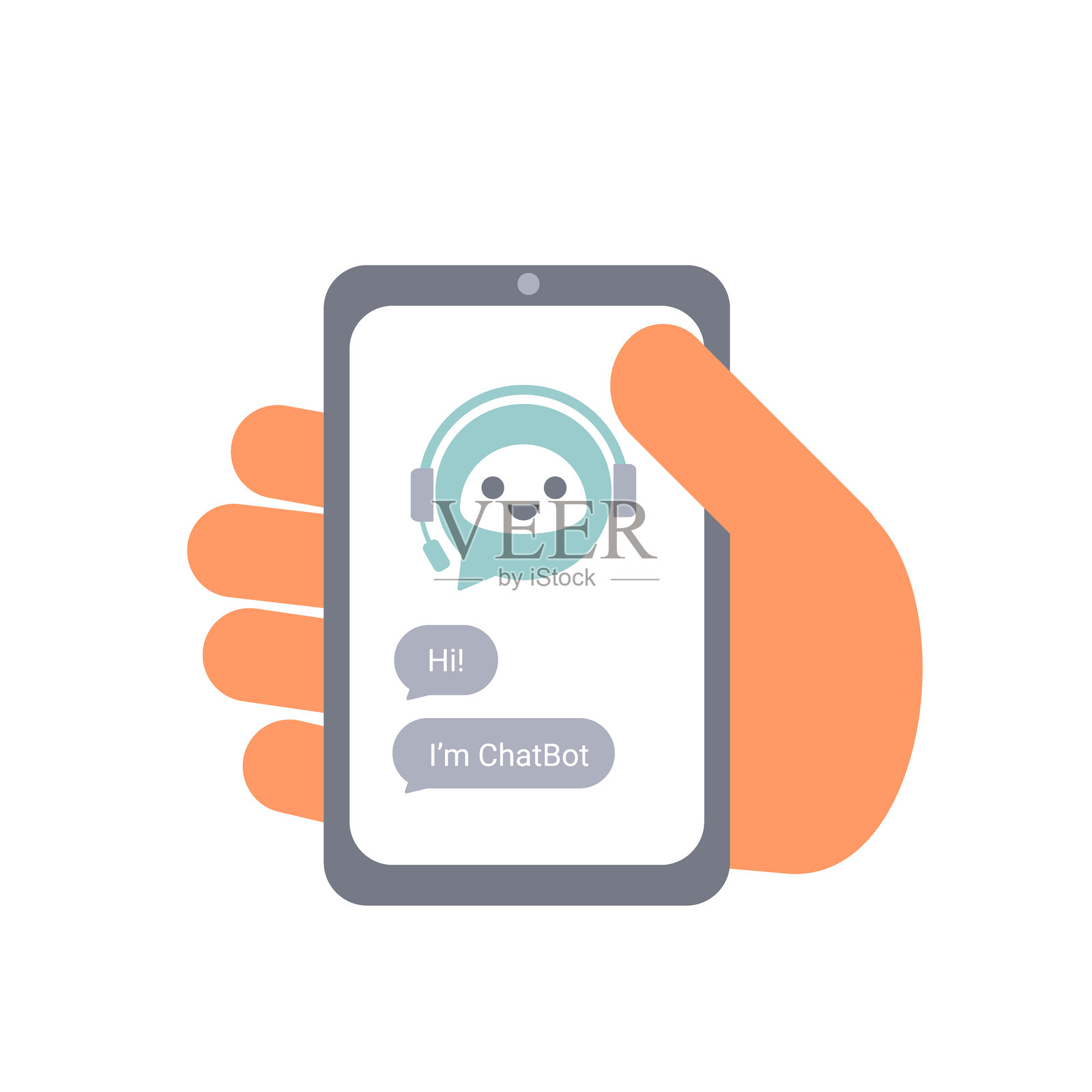 智能手机上的聊天机器人矢量插图。虚拟助手聊天机器人的头像戴着耳机，在手机屏幕上说你好。插画图片素材