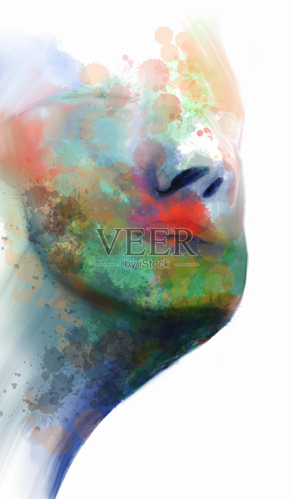 抽象飞溅色彩丰富的富有表现力的肖像的女人头孤立在白色的背景。数码手绘插画图片素材