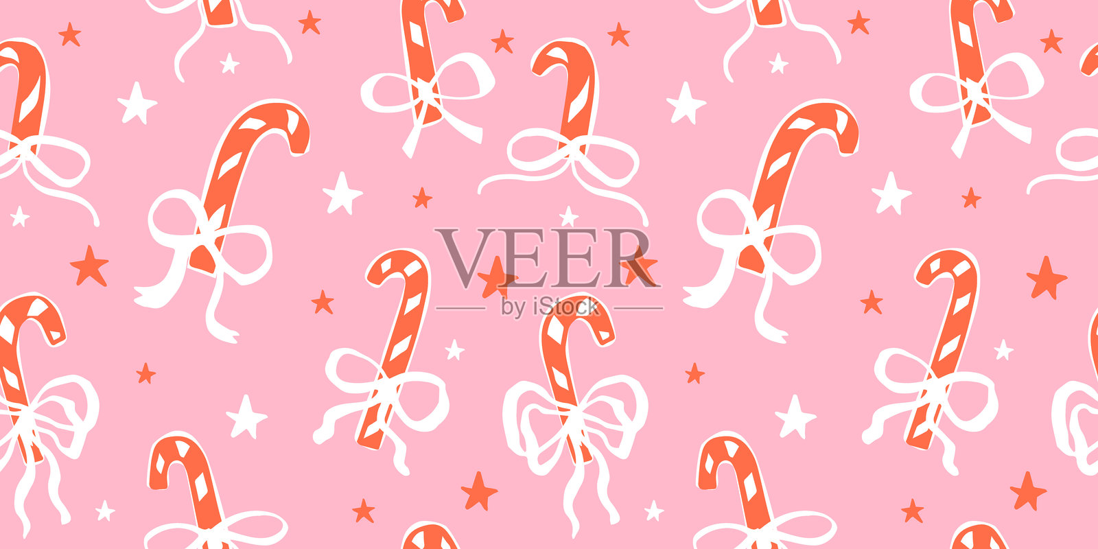 可爱的涂鸦糖果手杖与蝴蝶结的无缝图案。插画图片素材