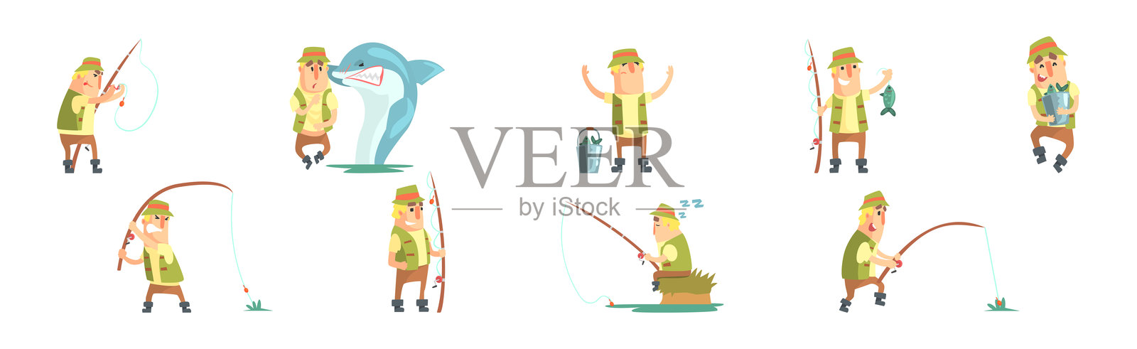 搞笑的渔夫角色钓鱼矢量插图集插画图片素材