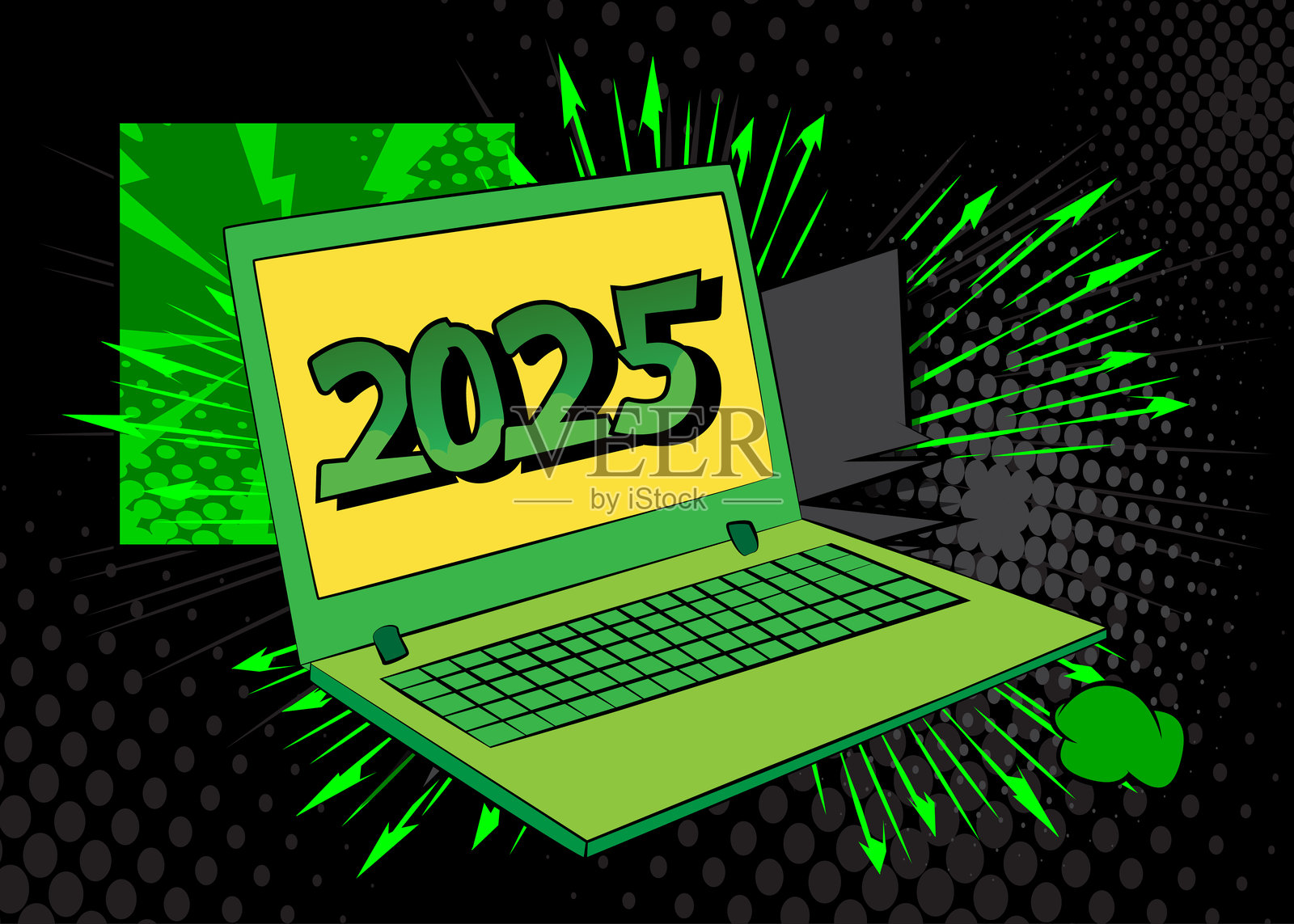 卡通笔记本电脑，漫画书笔记本，带有2025。复古矢量漫画流行艺术设计。插画图片素材