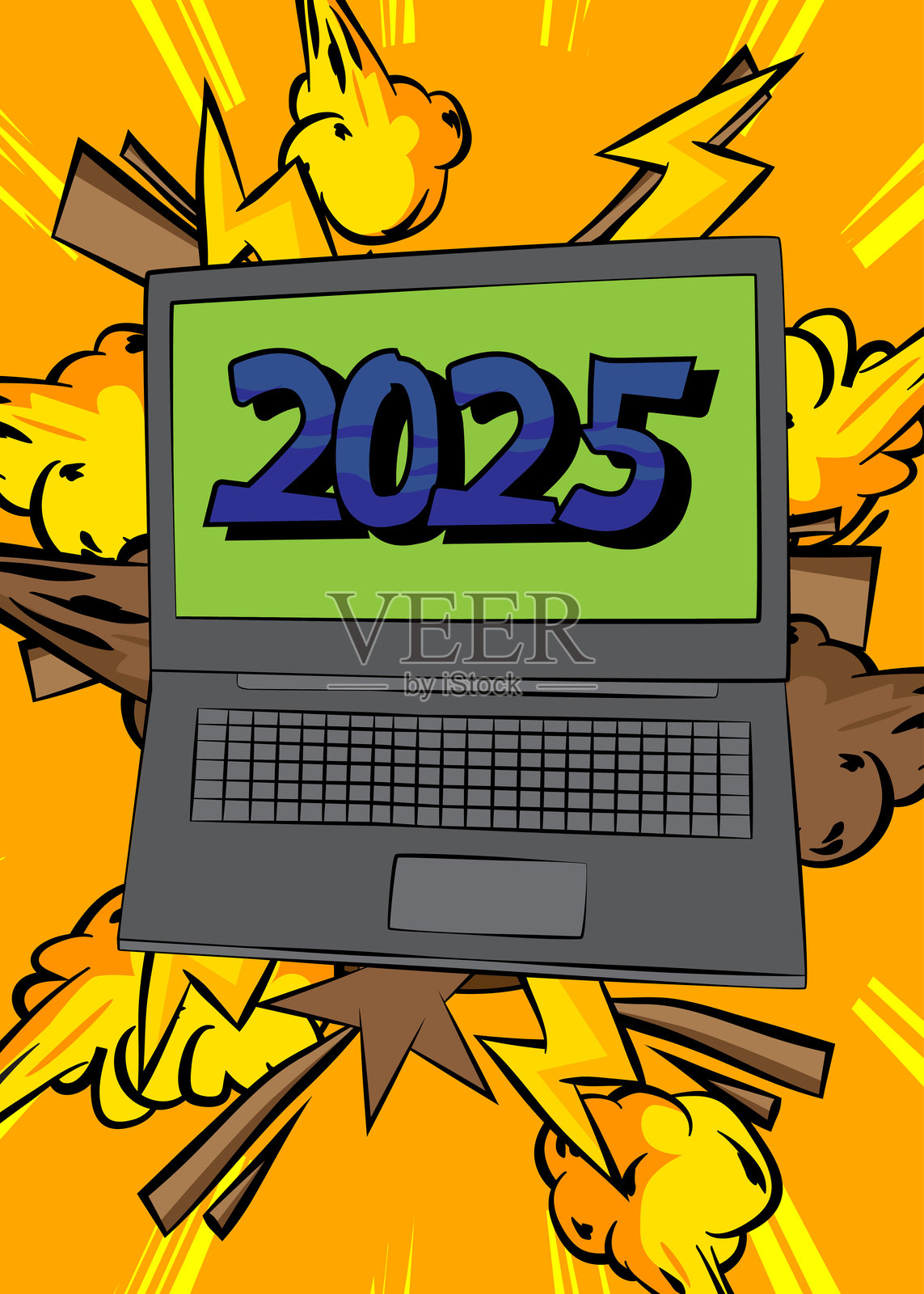 卡通笔记本电脑，漫画书笔记本，带有2025。复古矢量漫画流行艺术设计。插画图片素材