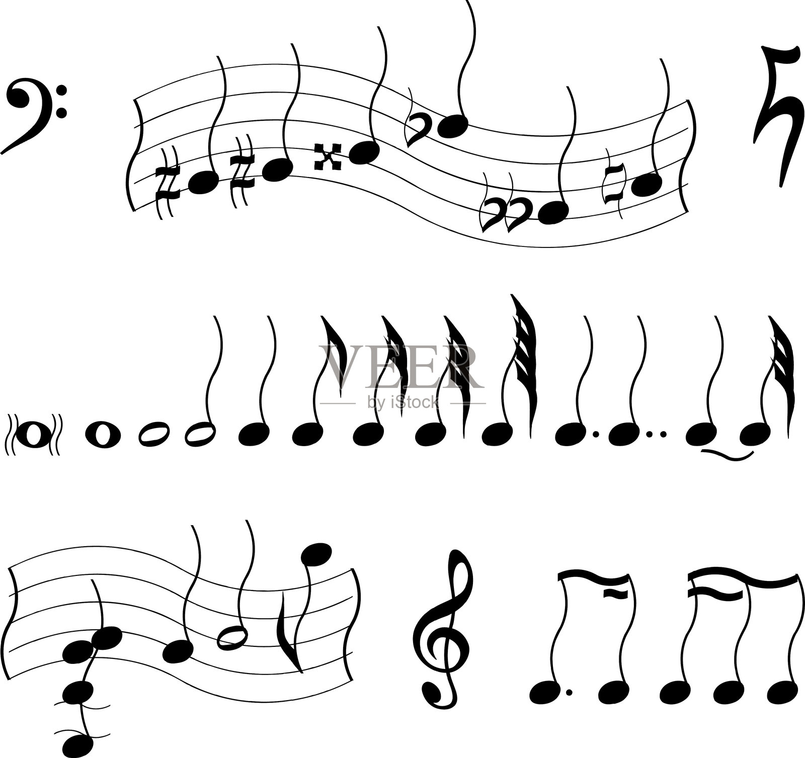 音乐音符矢量艺术插图，采用透明背景的涂鸦漫画风格。音符、乐谱、音阶、休止符、升降符及其他音乐符号。音乐音符符号矢量插图。插画图片素材