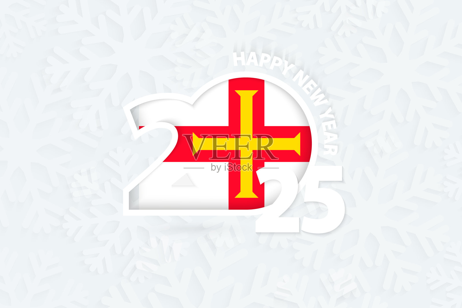2025年格恩西岛的新年，背景为雪花。插画图片素材